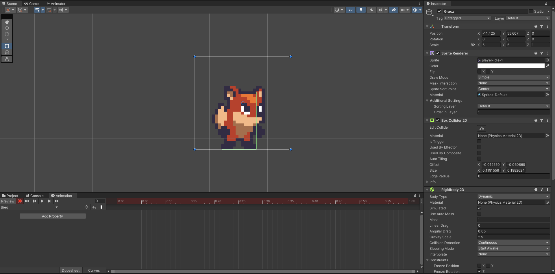 Zrzut ekranu przedstawia grafikę lisa w programie Unity. Lis jest trochę zwrócony w prawą stronę. Ma nogi rozstawione. Wokół centralnej części programu są różne opcje, ikonki, przyciski do edytowania lisa.