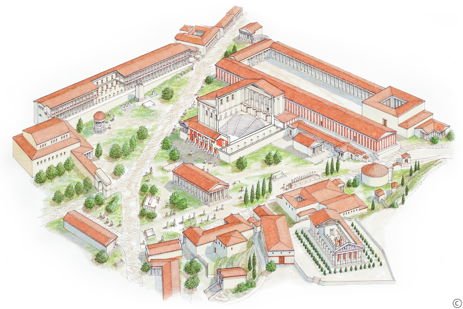 Kliknij żeby powiększyć Na ilustracji przedstawiono kompleks budynków. Ustawione są one wokół centralnego placu. Budynki różnią się co do wielkości i długości. Są wśród nich świątynie, teatr, posągi. Pośród budynków znajduję się trawa i rosną drzewa. Między budynkami są dwie główne drogi.