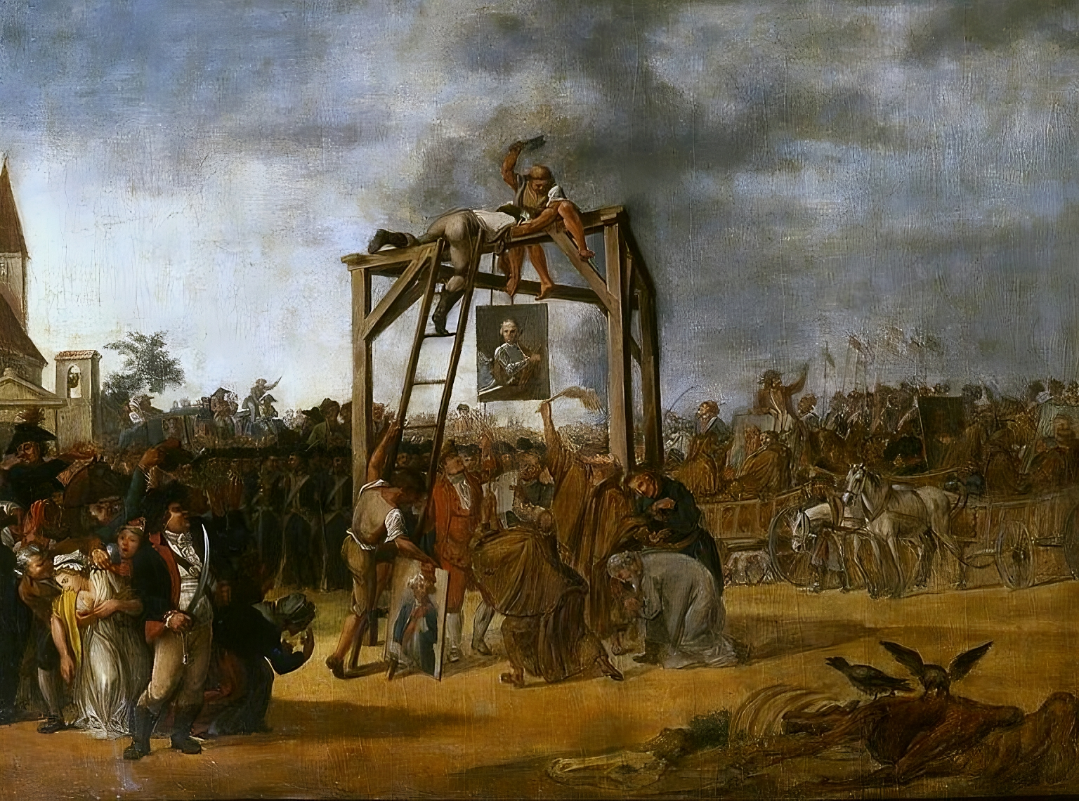 Kliknij żeby powiększyć Obraz przedstawia szubienice. Na szubienicy dwóch mężczyzn zawiesza portret jednego z przywódców konfederacji targowickiej. Wokół szubienicy stoją ludzie, którzy podają kolejne portrety zdrajców do powieszenia. Wokół tłoczą się mieszczanie i szlachta. W tle widać armię powstańców.