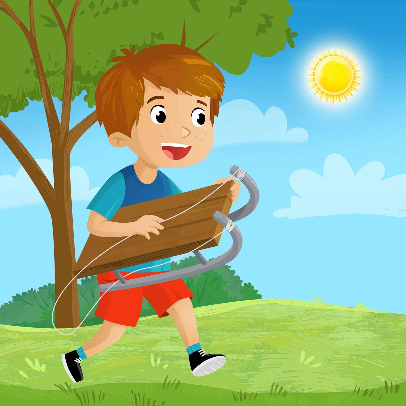 Ilustracja przedstawia chłopca w letniej scenerii, którzy trzyma w ręce sanki.