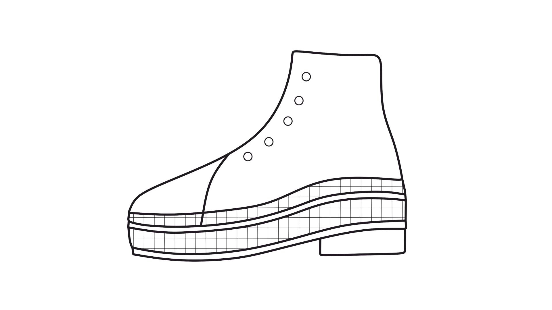 Grafika przedstawia schemat budowy buta zawierający wkładkę wyrównującą, która znajduje się wewnątrz obuwia, w formie koturnu oraz w podeszwie.