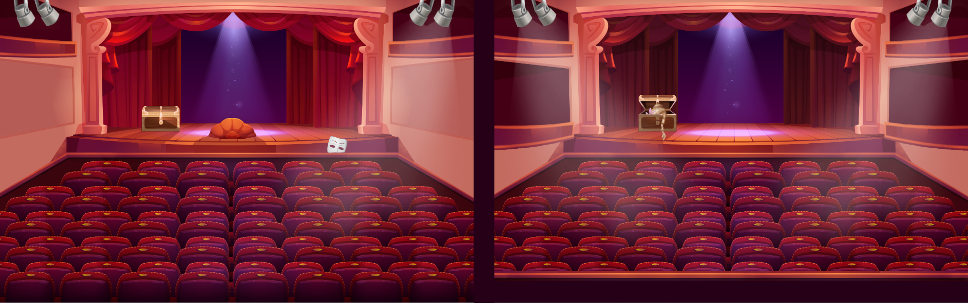 Ilustracja składa się z dwóch grafik przedstawiających sale teatralne i sceny. Sala A składa się z 10 rzędów, na scenie widoczna jest budka suflera. Na scenie stoi zamknięty kufer. Widoczny jest jeden poziom balkonów. Między sceną a widownią leży maska teatralna.. Sala B ma 9 rzędów foteli oraz dwa poziomy balkonów. Na scenie stoi otwarty kufer, z którego coś wystaje. Na scenie w sali B nie ma budki suflera.  