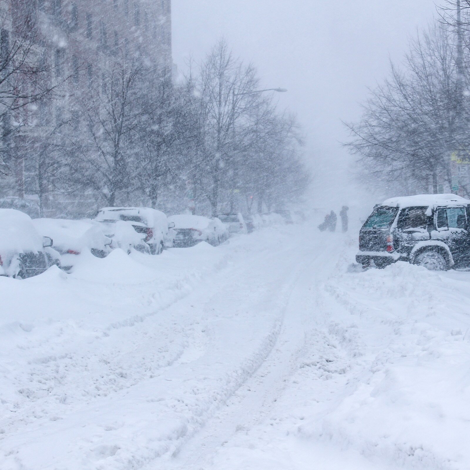 Zdjęcie przedstawia zasypane śniegiem ulice w mieście. Widoczne zaparkowane samochody zasypane śniegiem.