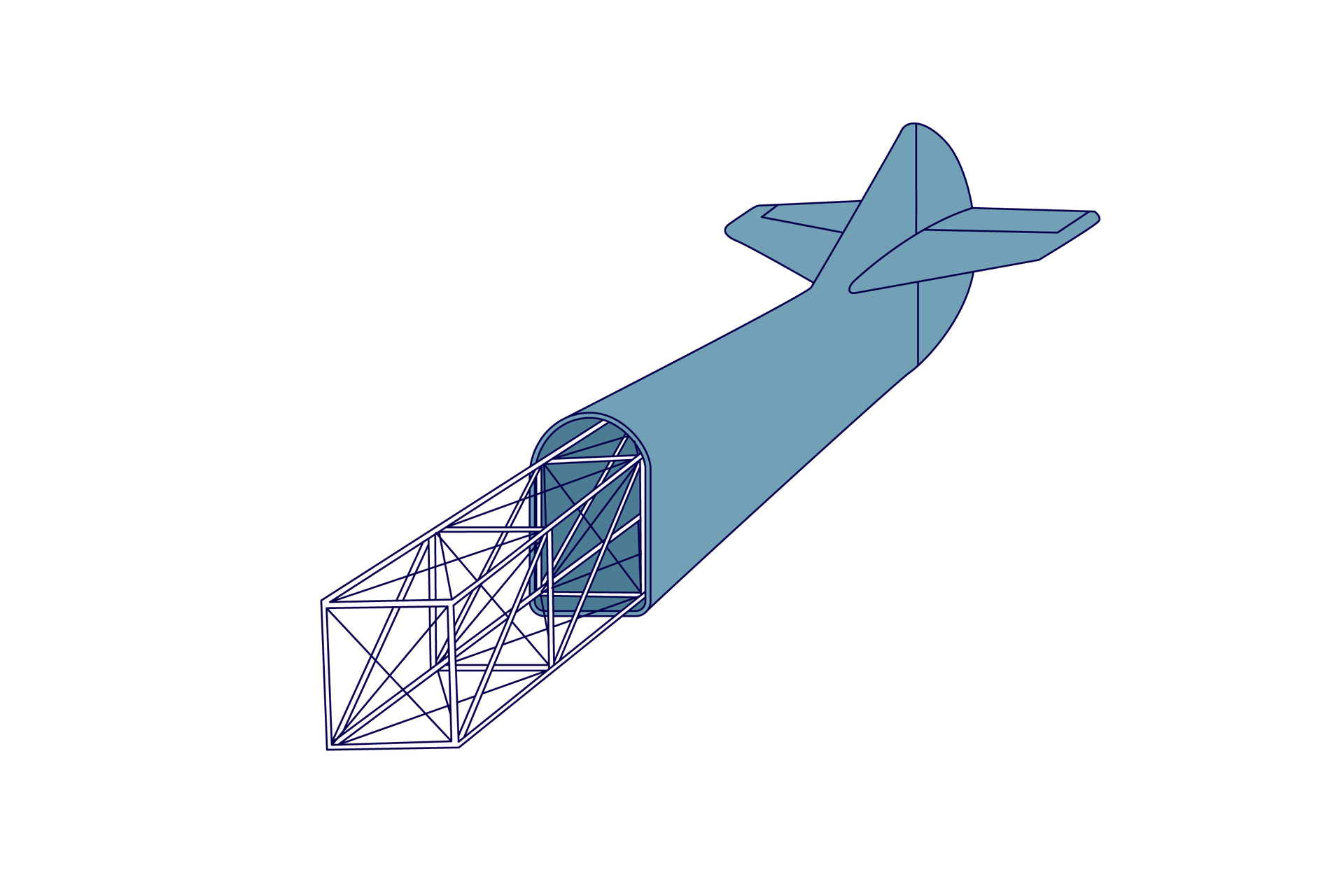 Ilustracja przedstawia konstrukcję kratownicową samolotu. Na rysunku widać rusztowanie - kratownicę - wokół którego jest obudowany ogon samolotu.