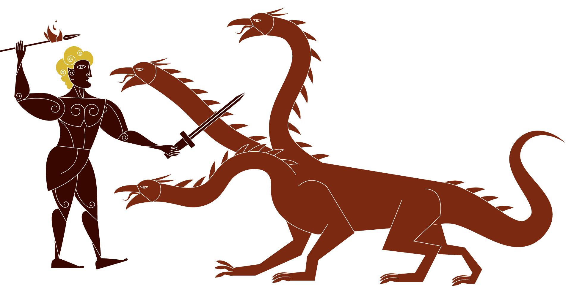 Rysunek przedstawia półnagiego umięśnionego Heraklesa z mieczem i płonącą włócznią stojącego naprzeciw hydry - trójgłowego potwora.