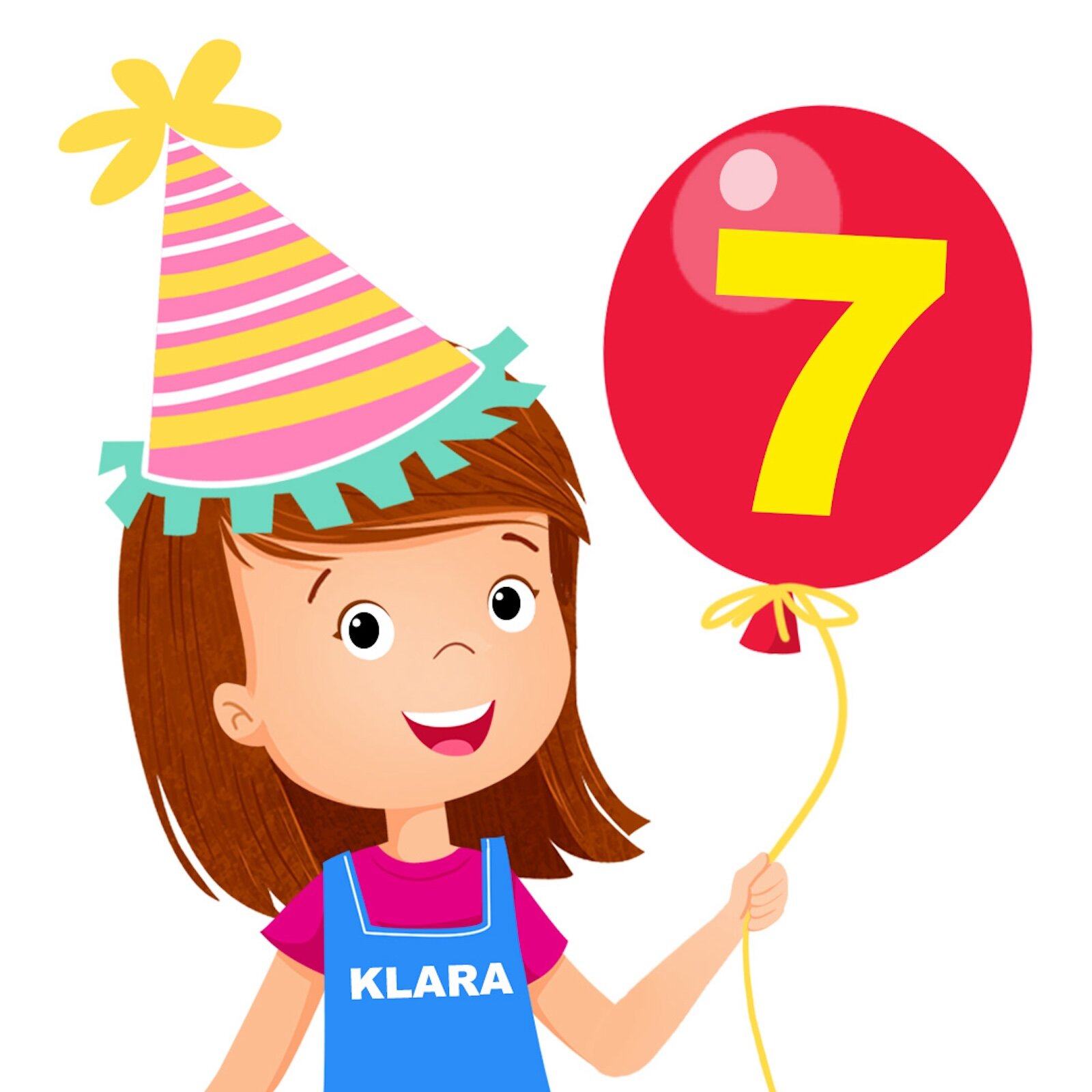 Ilustracja przedstawia Klarę trzymającą balon z cyfrą 7. Na głowie ma urodzinową czapeczkę.