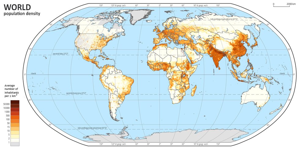 Ilustracja przedstawia mapę świata. Na mapie kolorami zaznaczono średnią liczbę osób mieszkających na powierzchni jednego kilometra kwadratowego. Kolorem szarym oznaczono obszary, na których na jednym kilometrze kwadratowym mieszka mniej niż jedna osoba. Są to położone na północy obszary Ameryki Północnej, Grenlandia, Antarktyda.Najjaśniejszym odcieniem koloru żółtego oznaczono obszary, na których na powierzchni jednego kilometra kwadratowego zamieszkuje poniżej dwóch osób. Są to Sahara, Australia, północna i środkowa część Azji, środkowa część Ameryki Południowej. Obszary oznaczone kolorami pomarańczowymi, czerwonymi i brązowymi oznaczającymi dużą gęstość zaludnienia zajmują Europę, zachodnie wybrzeże Ameryki Północnej, wybrzeża Ameryki Południowej, północną Afrykę, centralną Afrykę, Indie i Azję Wschodnią Mapa pokryta jest równoleżnikami i południkami. Dookoła mapy w białej ramce opisano współrzędne geograficzne co dwadzieścia stopni.Na dole mapy po lewej stronie umieszczono pionowy pasek podzielony na dwanaście części. Kolorami od jasnożółtego przez żółty, odcienie pomarańczowego, czerwony do brązowego oznaczono średnią liczbę osób mieszkających na powierzchni jednego kilometra kwadratowego. Najniższa gęstość zaludnienia wynosi poniżej jednej osoby na kilometr kwadratowy, najwyższa – powyżej pięćdziesiąt tysięcy osób na jeden kilometr kwadratowy. Tłumaczenie: ŚWIAT - WORLD gęstość zaludnienia - population density Średnia liczba osób mieszkajacych na powierzchni 1 km2 - Average number of inhabitants per 1 km2