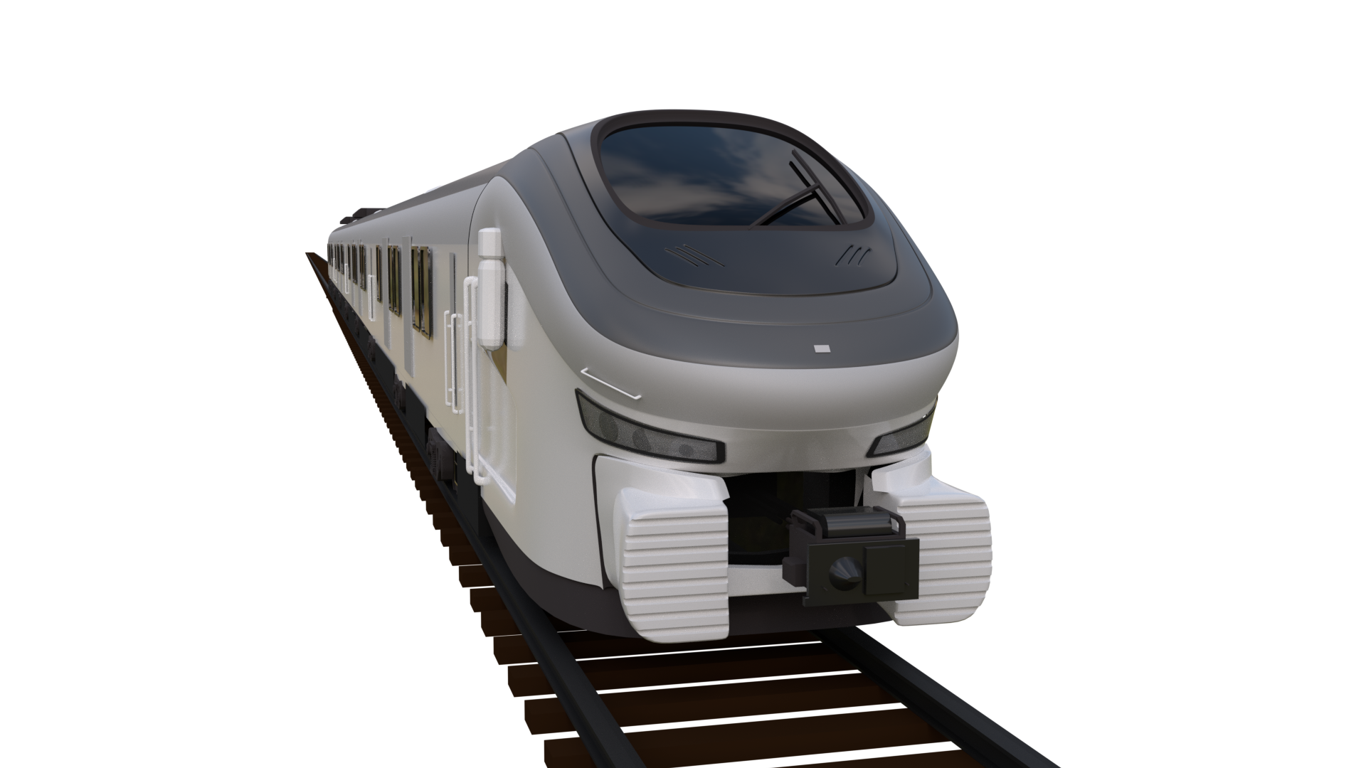 Ilustracja przedstawia stan fabryczny szynobusu SA139‑009. Grafika pokazuje przód pociągu, widoczne są elementy sprzęgu Scharfenberga, oraz inne elementy karoserii, oświetlenia, szybę czołową.