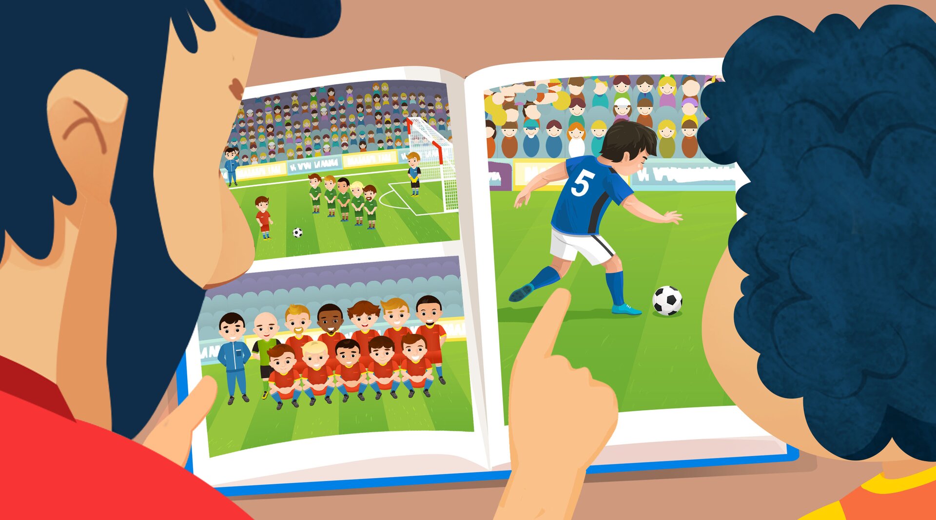 Ilustracja przedstawia mężczyzn oglądających książkę o piłkarzach.