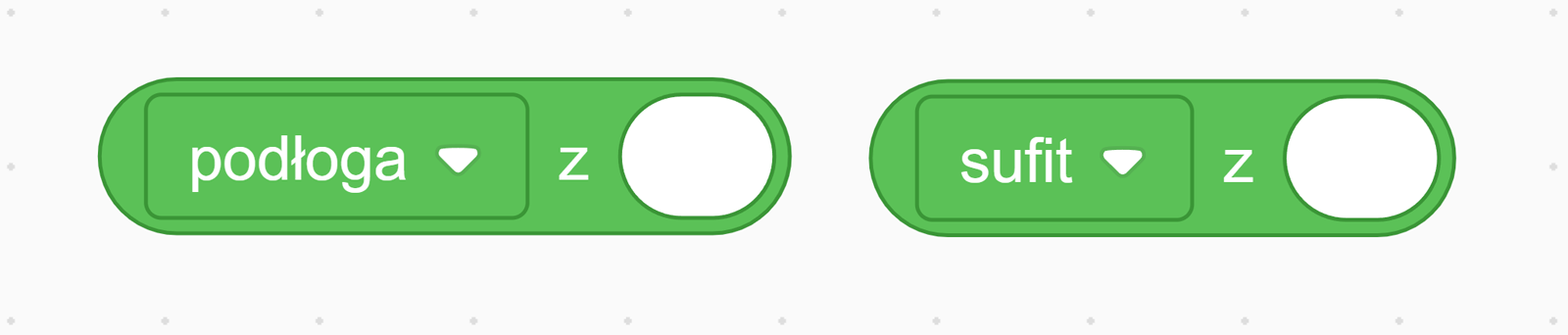 Zrzut ekranu przedstawia bloki z kategorii "wyrażenia": "Podłoga z .." i "Sufit z ...". Pierwszy blok zaokrągla podaną w środku liczbę w dół do liczby całkowitej. Drugi blok zaokrąglą liczbą podaną w środku do góry do liczby całkowitej.