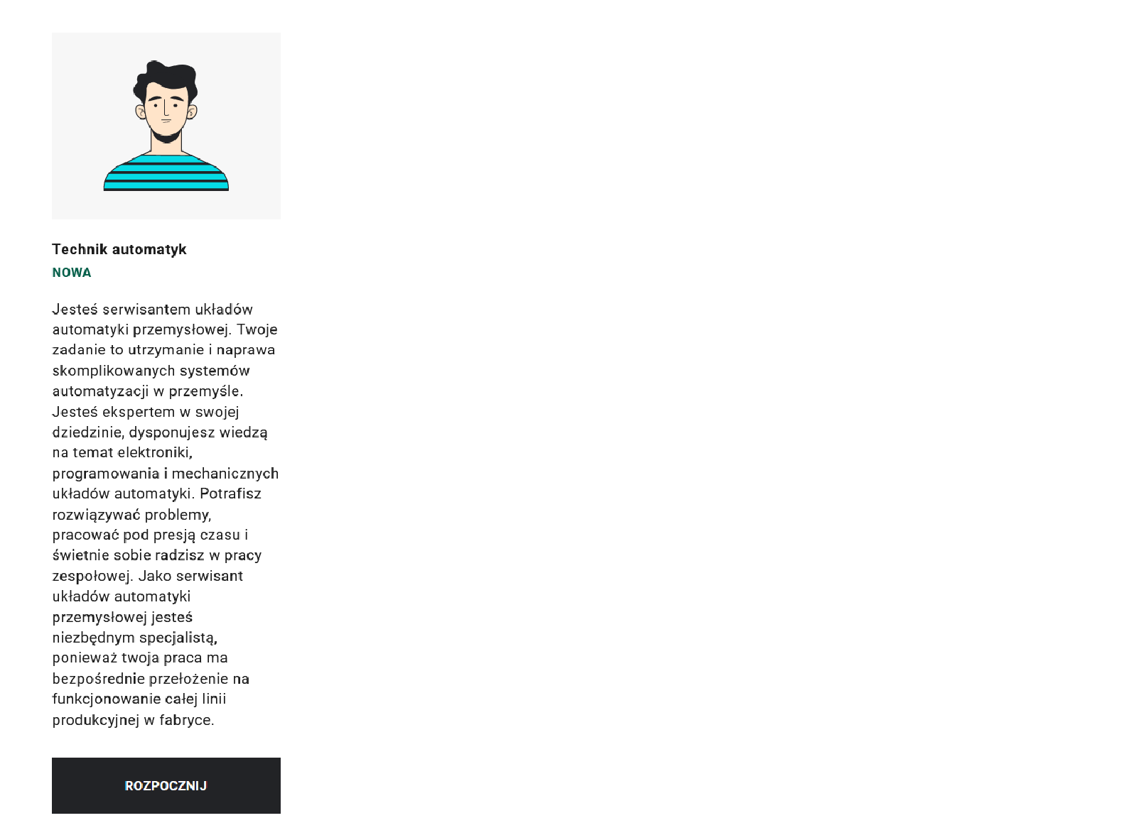 Ekran wyboru roli. Widoczna jest ilustracja przedstawiająca pracownika - technika automatyka. Poniżej opis roli. Na dole przycisk: rozpocznij.