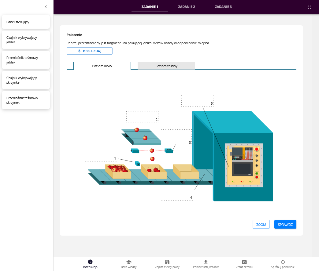 Grafika przedstawia przykładowy widok ekranu programu ćwiczeniowego do projektowania przez dobieranie. Na górze znajdują się zakładki zawierające zadania. Na planszy głównej znajduje się ilustracja, którą należy uzupełnić przeciągając elementy znajdujące się po lewej stronie. Na dole widoczny jest klawisz: Sprawdź. A najniżej znajduje się pasek z funkcjami programu.