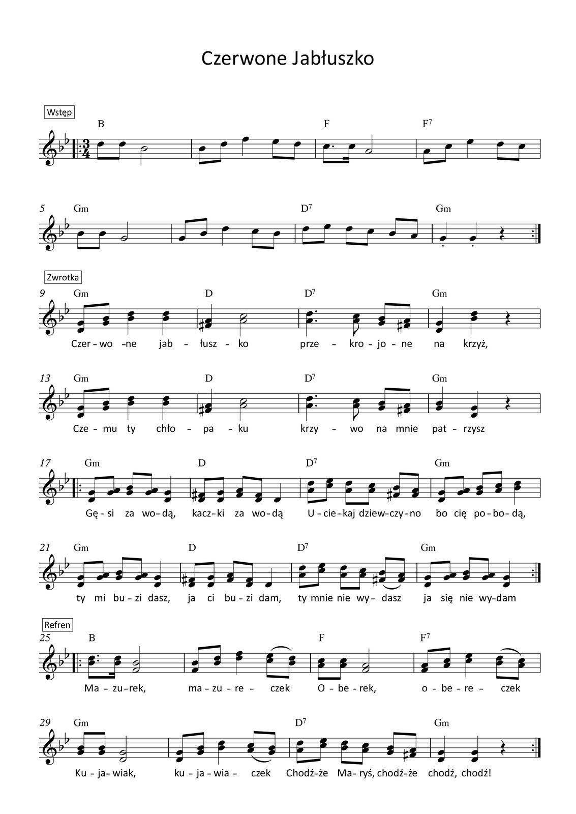 Grafika przedstawia partyturę utworu „Czerwone Jabłuszko”, który jest napisany w metrum trzy czwarte, w tonacji g‑moll. Partytura ma dwie strony, na których zapisano siedemdziesiąt dwa takty. Melodię zapisano w kluczu wiolinowym, a pod nutami zanotowano tekst. Wszystkie dźwięki należą do oktaw małej, razkreślnej oraz dwukreślnej. To jest opis pierwszej strony partytury.
W pierwszych dwóch linijkach, czyli taktach od pierwszego do ósmego zapisano instrumentalny wstęp utworu. W pierwszym takcie na pierwszą miarę grane są dwie ósemki d, natomiast na miary drugą oraz trzecią półnuta b. Nad taktem zapisano akord B‑dur, a przed taktem początek repetycji. W takcie drugim na pierwszą miarę grane są ósemki b oraz d, na miarę drugą ćwierćnuta f, natomiast na miarę trzecią ósemki es oraz d. Nad taktem zapisano akord B‑dur. W takcie trzecim na pierwszą miarę grana jest ósemka z kropką c, a następnie szesnastka c. Na miary drugą oraz trzecią wykonywana jest półnuta a. Nad taktem zapisano akord F‑dur. W takcie czwartym na pierwszą miarę grane są ósemki a oraz c, na miarę drugą ćwierćnuta es, natomiast na miarę trzecią ósemki d oraz c. Nad taktem zapisano akord: dominantę septymową F.
W takcie piątym na pierwszą miarę grane są dwie ósemki b, a na miary drugą oraz trzecią półnuta g. Nad taktem zapisano akord g‑moll. W szóstym takcie na pierwszą miarę grane są ósemki g oraz b, na miarę drugą ćwierćnuta d, natomiast na miarę trzecią ósemki c oraz b. Nad taktem zapisano akord g‑moll. W takcie siódmym na pierwszą miarę grane są ósemki d oraz es, na miarę drugą ósemki d oraz c, natomiast na miarę trzecią ósemki b oraz a. Nad taktem zapisano akord: dominantę septymową D. W ósmym takcie na pierwsze dwie miary grane są ćwierćnuty g z artykulacją staccato, a na miarę trzecią zapisano pauzę ćwierćnutową. Nad taktem zapisano akord g‑moll, a po takcie koniec repetycji.
W taktach od dziewiątego do dwudziestego czwartego zapisano zwrotkę utworu. W dziewiątym takcie w górnym głosie na pierwszą miarę śpiewane są ósemki g oraz b, na miary drugą oraz trzecią wykonywane są dwie ćwierćnuty d. W głosie dolnym na pierwszą miarę śpiewane są ósemki d oraz g, natomiast na miary drugą oraz trzecią po ćwierćnucie b. Nad taktem zapisano akord g‑moll. W takcie dziesiątym w górnym głosie na pierwszą miarę śpiewana jest ćwierćnuta a, a na miary drugą oraz trzecią półnuta c. W głosie dolnym na pierwszą miarę śpiewana jest ćwierćnuta dis, a na miary drugą oraz trzecią półnuta a. Nad taktem zapisano akord D‑dur. W jedenastym takcie na w górnym głosie pierwszą miarę śpiewana jest ćwierćnuta z kropką d, dalej ósemka c, a na miarę trzecią ósemki b oraz a. W głosie dolnym na pierwszą miarę śpiewana jest ćwierćnuta z kropką a, dalej ósemka a, a na miarę trzecią ósemki g oraz fis. Nad taktem zapisano akord: dominantę septymową D. W dwunastym takcie w górnym głosie na pierwszą miarę śpiewana jest ćwierćnuta g, na miarę drugą ćwierćnuta d, natomiast na trzecią miarę zapisano pauzę ćwierćnutową. W głosie dolnym na pierwszą miarę śpiewana jest ćwierćnuta d, na miarę drugą ćwierćnuta b, a na trzecią miarę zapisano pauzę ćwierćnutową. Nad taktem zapisano akord g‑moll.
W trzynastym takcie w górnym głosie na pierwszą miarę śpiewane są ósemki g oraz b, na miary drugą oraz trzecią wykonywane są dwie ćwierćnuty d. W głosie dolnym na pierwszą miarę śpiewane są ósemki d oraz g, natomiast na miary drugą oraz trzecią po ćwierćnucie b. Nad taktem zapisano akord g‑moll. W takcie czternastym w górnym głosie na pierwszą miarę śpiewana jest ćwierćnuta a, a na miary drugą oraz trzecią półnuta c. W głosie dolnym na pierwszą miarę śpiewana jest ćwierćnuta dis, a na miary drugą oraz trzecią półnuta a. Nad taktem zapisano akord D‑dur. W piętnastym takcie na w górnym głosie pierwszą miarę śpiewana jest ćwierćnuta z kropką d, dalej ósemka c, a na miarę trzecią ósemki b oraz a. W głosie dolnym na pierwszą miarę śpiewana jest ćwierćnuta z kropką a, dalej ósemka a, a na miarę trzecią ósemki g oraz fis. Nad taktem zapisano akord: dominantę septymową D. W szesnastym takcie w górnym głosie na pierwszą miarę śpiewana jest ćwierćnuta b, na miarę drugą ćwierćnuta g, natomiast na trzecią miarę zapisano pauzę ćwierćnutową. W głosie dolnym na pierwszą miarę śpiewana jest ćwierćnuta g, na miarę drugą ćwierćnuta d, a na trzecią miarę zapisano pauzę ćwierćnutową. Nad taktem zapisano akord g‑moll.
W siedemnastym takcie w górnym głosie na pierwszą miarę śpiewane są ósemki g oraz a, na miarę drugą ósemki b oraz a, a na miarę trzecią ćwierćnuta g. W głosie dolnym na pierwszą miarę śpiewane są ósemki d oraz g, na miarę drugą dwa razy ósemka g, na trzecią miarę ćwierćnuta d. Nad taktem zapisano akord g‑moll, a przed taktem początek repetycji. W osiemnastym takcie w górnym głosie na pierwszą miarę śpiewane są ósemki fis oraz g, na miarę drugą ósemki a oraz fis, a na miarę trzecią ćwierćnuta d. W głosie dolnym na pierwszą miarę śpiewana jest dwa razy ósemka d, na miarę drugą ósemki fis oraz d, natomiast na trzecią miarę ćwierćnuta d. Nad taktem zapisano akord D‑dur. W dziewiętnastym takcie w górnym głosie na pierwszą miarę śpiewane są ósemki d oraz es, na miarę drugą ósemki d oraz c, a na trzecią miarę ósemki b oraz a. W głosie dolnym na pierwszą miarę śpiewane są ósemki a oraz c, na miarę drugą dwa razy ósemka a, na trzecią miarę dwa razy ósemka fis. Nad taktem zapisano akord: dominantę septymową D. W dwudziestym takcie w górnym głosie na pierwszą miarę śpiewane są ósemki g oraz a, na miarę drugą ósemki b oraz c, natomiast na miarę trzecią ćwierćnuta d. W głosie dolnym na pierwszą miarę śpiewane są ósemki d oraz g, na miarę drugą ósemki g oraz a, natomiast na trzecią miarę ćwierćnuta b. Nad taktem zapisano akord g‑moll.
W dwudziestym pierwszym takcie w górnym głosie na pierwszą miarę śpiewane są ósemki g oraz a, na miarę drugą ósemki b oraz a, a na miarę trzecią ćwierćnuta g. W głosie dolnym na pierwszą miarę śpiewane są ósemki d oraz g, na miarę drugą dwa razy ósemka g, na trzecią miarę ćwierćnuta d. Nad taktem zapisano akord g‑moll. W dwudziestym drugim takcie w górnym głosie na pierwszą miarę śpiewane są ósemki cis oraz d, na miarę drugą ósemki e oraz cis, a na pierwszą miarę śpiewane są ósemki fis oraz g, na miarę drugą ósemki a oraz fis, a na miarę trzecią ćwierćnuta d. W głosie dolnym na pierwszą miarę śpiewana jest dwa razy ósemka d, na miarę drugą ósemki fis oraz d, natomiast na trzecią miarę ćwierćnuta d. Nad taktem zapisano akord D‑dur. W dwudziestym trzecim takcie w górnym głosie na pierwszą miarę śpiewane są ósemki d oraz es, na miarę drugą ósemki d oraz c, a na trzecią miarę ósemki b oraz a, z czego dwie ostatnie z artykulacją legato. W głosie dolnym na pierwszą miarę śpiewane są ósemki a oraz c, na miarę drugą dwa razy ósemka a, na trzecią miarę dwa razy ósemka fis. Nad taktem zapisano akord: dominantę septymową D. W dwudziestym czwartym takcie w górnym głosie na pierwszą miarę śpiewane są ósemki g oraz a, na miarę drugą ósemki b oraz a, natomiast na miarę trzecią ćwierćnuta g. W dolnym głosie na pierwszą miarę śpiewane są ósemki d oraz g, na miarę drugą dwa razy ósemka g, natomiast na miarę trzecią ćwierćnuta d. Nad taktem zapisano akord g‑moll, a po takcie koniec repetycji.
W kolejnych dwóch linijkach, czyli taktach od dwudziestego piątego do trzydziestego drugiego zapisano refren utworu. W takcie dwudziestym piątym w górnym głosie na pierwszą miarę śpiewana jest ósemka z kropką d oraz szesnastka d, natomiast na miary drugą oraz trzecią półnuta b. W głosie dolnym na pierwszą miarę śpiewana jest ósemka z kropką b oraz szesnastka b, a na miary drugą oraz trzecią półnuta f. Nad taktem zapisano akord B‑dur, a przed taktem początek repetycji. W takcie dwudziestym szóstym w górnym głosie na pierwszą miarę śpiewane są ósemki b oraz d, na miarę drugą ćwierćnuta f, natomiast na miarę trzecią ósemki es oraz d z artykulacją legato. W głosie dolnym na pierwszą miarę śpiewane są ósemki f oraz b, na miarę drugą ćwierćnuta d, natomiast na miarę trzecią ósemki c oraz b z artykulacją legato. Nad taktem zapisano akord B‑dur. W takcie dwudziestym siódmym w górnym głosie na pierwszą miarę śpiewane są dwie ósemki c, natomiast na miary drugą oraz trzecią półnuta a. W głosie dolnym na pierwszą miarę śpiewane są dwie ósemki a, natomiast na miary drugą oraz trzecią półnuta f. Nad taktem zapisano akord F‑dur. W takcie dwudziestym ósmym w górnym głosie na pierwszą miarę śpiewane są ósemki a oraz c, na miarę drugą ćwierćnuta es, natomiast na miarę trzecią ósemki f oraz a z artykulacją staccato. W głosie dolnym na pierwszą miarę śpiewane są ósemki f oraz a, na miarę drugą ćwierćnuta c, a na trzecią miarę ósemki b oraz a z artykulacją legato. Nad taktem zapisano akord: dominantę septymową F.
W takcie dwudziestym dziewiątym w górnym głosie na pierwszą miarę śpiewane są dwie ósemki b, a na miary drugą oraz trzecią półnuta g. W głosie dolnym na pierwszą miarę śpiewane są dwie ósemki g, natomiast na miary drugą oraz trzecią półnuta d. Nad taktem zapisano akord g‑moll. W trzydziestym takcie w górnym głosie na pierwszą miarę śpiewane są ósemki g oraz b, na miarę drugą ćwierćnuta d, natomiast na miarę trzecią ósemki c oraz b z artykulacją legato. W głosie dolnym na pierwszą miarę śpiewane są ósemki d oraz g, na miarę drugą ćwierćnuta b, natomiast na miarę trzecią ósemki a oraz g z artykulacją legato. Nad taktem zapisano akord g‑moll. W takcie trzydziestym pierwszym w górnym głosie na pierwszą miarę śpiewane są ósemki d oraz es, na miarę drugą ósemki d oraz c, natomiast na miarę trzecią ósemki b oraz a. W głosie dolnym na pierwszą miarę śpiewane są ósemki a oraz c, na miarę drugą ósemki b oraz a, natomiast na miarę trzecią ósemki g oraz fis. Nad taktem zapisano akord: dominantę septymową D. W trzydziestym drugim takcie w górnym głosie na pierwsze dwie miary śpiewane są dwie ćwierćnuty g, a na miarę trzecią zapisano pauzę ćwierćnutową. W głosie dolnym na pierwsze dwie miary śpiewane są dwie ćwierćnuty d, natomiast na miarę trzecią zaznaczono pauzę ćwierćnutową. Nad taktem zapisano akord g‑moll, a po takcie koniec repetycji.