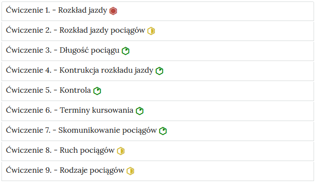 Grafika przedstawia wygląd zakładek z ćwiczeniami. Zakładki są poziomymi paskami. Każda posiada numer ćwiczenia i tytuł, który wskazuje, czego dotyczą zamieszczone w zakładce ćwiczenia. Przykład tekstu na pasku zakładki. Ćwiczenie 1 myślnik rozkład jazdy.