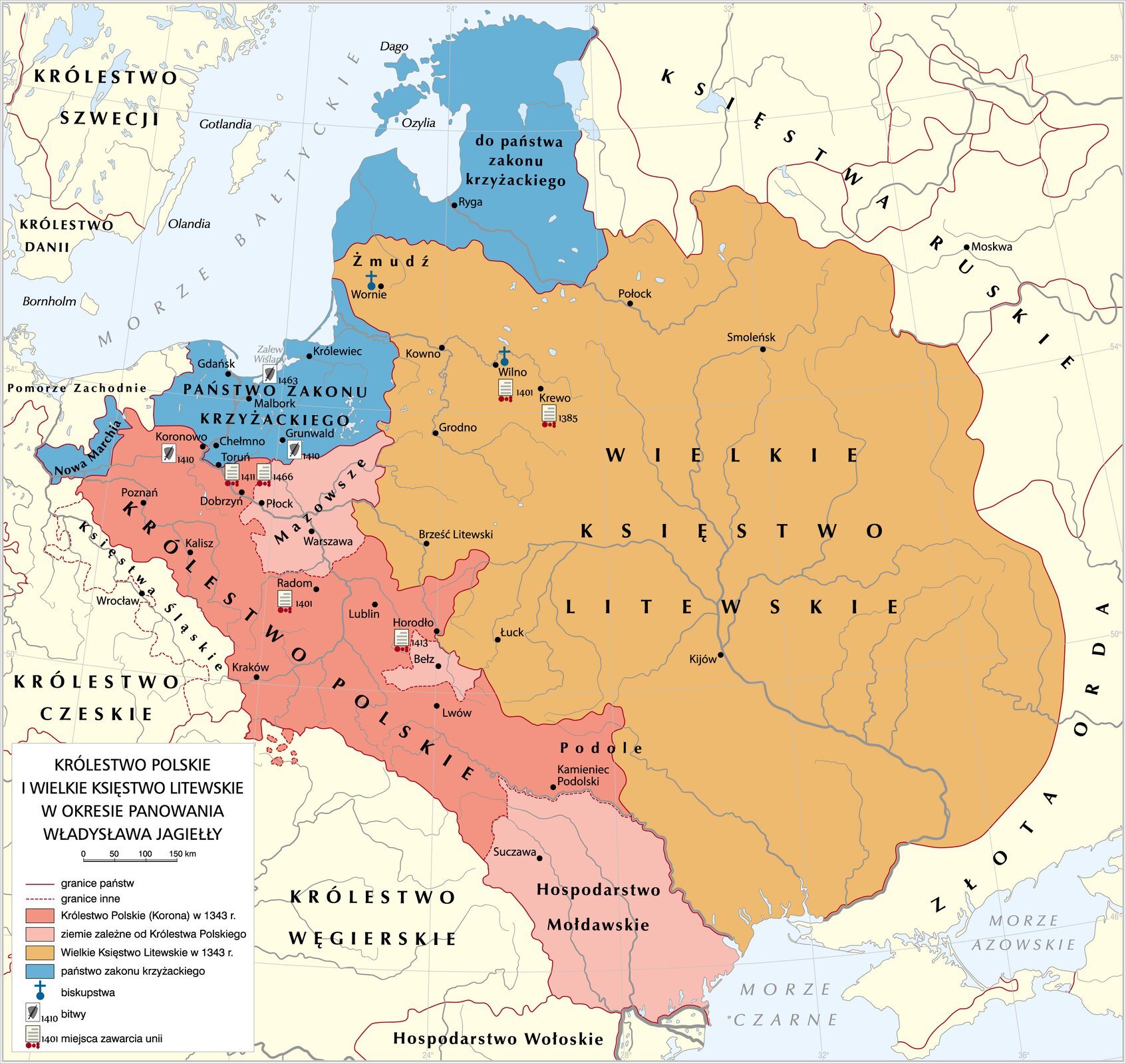 Mapa Królestwa Polskiego i Wielkiego Księstwa Litewskiego za czasów Władysława Jagiełły. Zawiera informacje, jakie ziemie wchodziły w skład tych dwóch państw.
