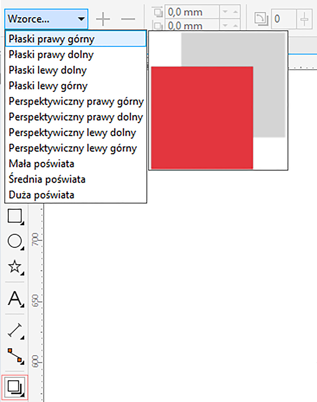 Zdjęcie ekranu przedstawia wybór wzorca. Z rozwijanego menu "Wzorce..." wybrano opcję "Płaski prawy górny", ukazało się małe okienko ukazujące podgląd: "czerwony kwadrat za którym znajduje się szary w górnym prawym rogu". Czerwona ramka oznacza w lewym dolnym rogu ekranu, na pasku narzędzi ikonę: "2 kwadraty, biały z przodu i czarny w tle".