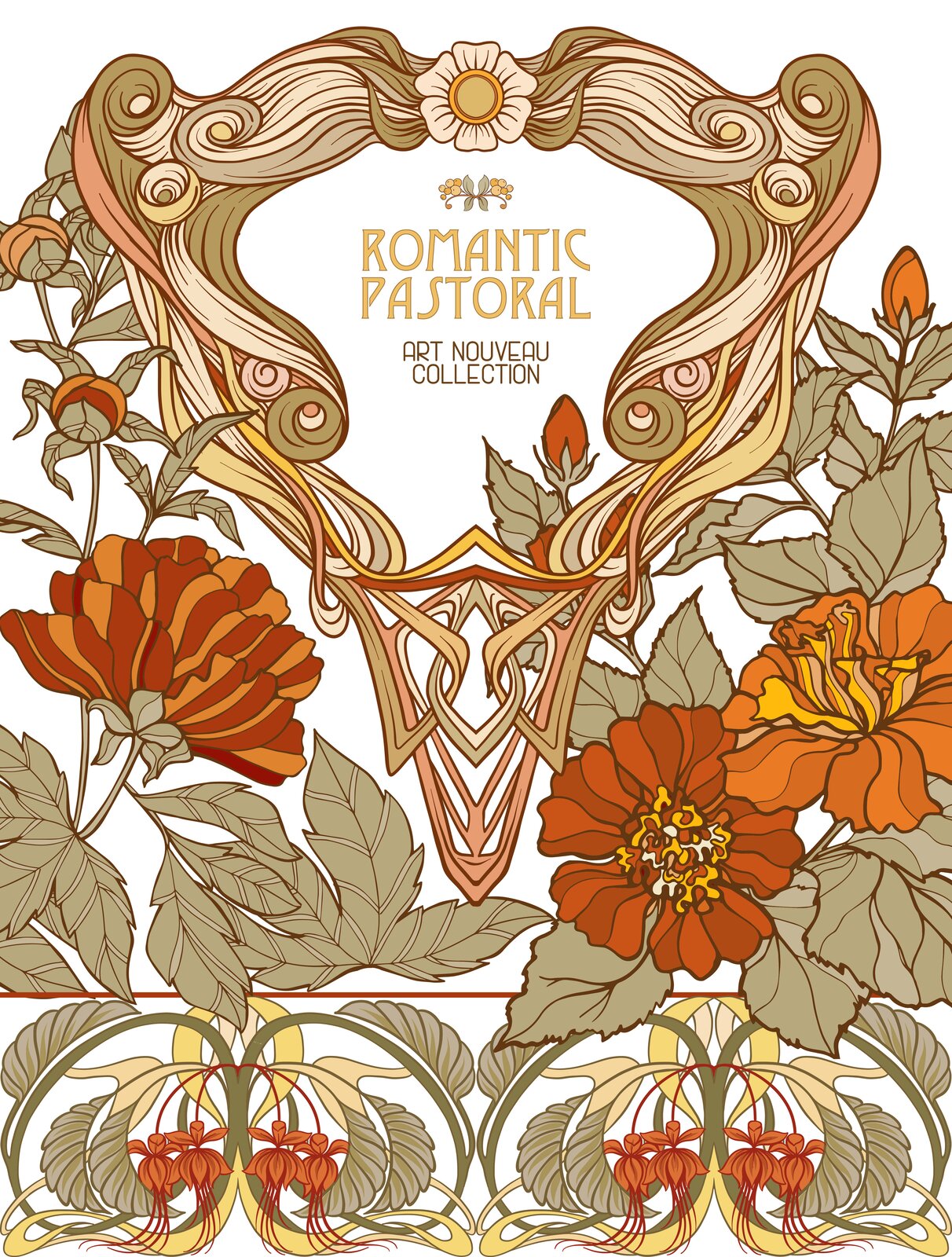 Ilustracja przedstawia plakat w stylu secesyjnym, który w ozdobnej ramie ma zapisane ROMANTIC PASTORAL ART NOUVEAU COLLECTION. Poniżej ramy znajdują się rysunki kwiatów w barwach pomarańczowo-czerwonych