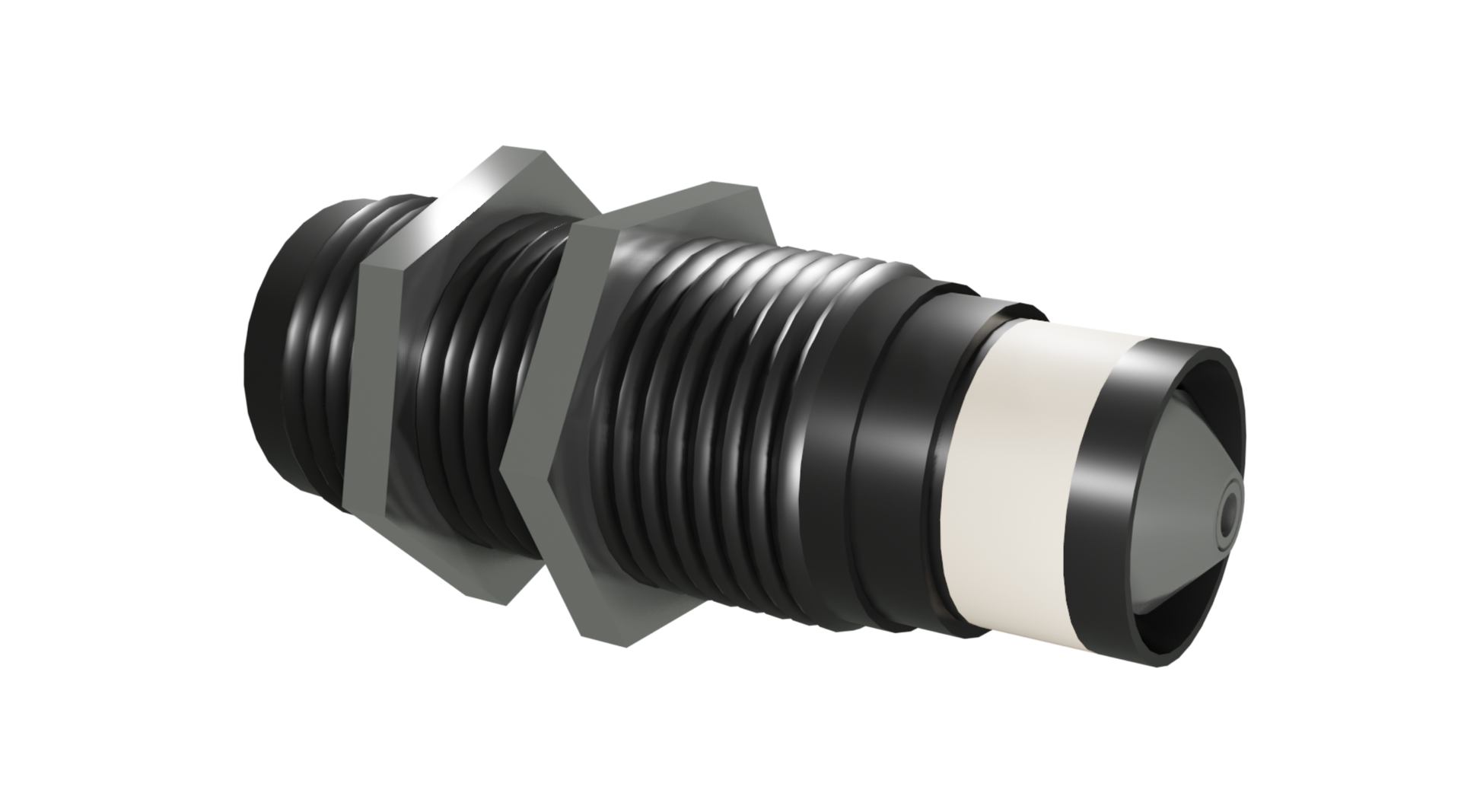 Na grafice przedstawiono czujnik strumieniowy. Jest to walcowate urządzenie z rowkami i nakładkami. Na jego końcu znajduje się czujnik wykrywający zbliżenie jakiegoś przedmiotu.