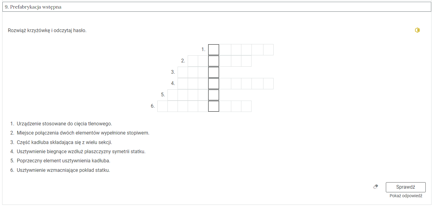 Zdjęcie przedstawia otwartą zakładkę z przykładowym zadaniem. Pod nazwą zakładki znajduje się polecenie. Pod poleceniem widać treść zadania z odpowiedziami do wyboru. Po prawej stronie polecenia widać żółty sześciokąt. Poniżej zadania, po prawej stronie panelu znajduje się ikona sprawdź. Po jej lewej stronie widać symbol gumki. Poniżej przycisku sprawdź znajduje się napis pokaż odpowiedź.