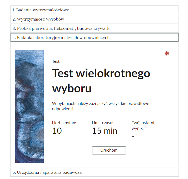 Grafika przedstawia widok na przykładowe ćwiczenie - test wielokrotnego wyboru - w otwartej zakładce. 