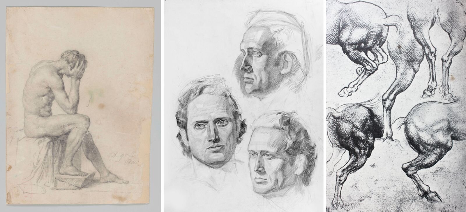 Ilustracja przedstawia trzy różne szkice i studia rysunkowe zestawione obok siebie. Pierwsze, po lewej, to studium nagiego mężczyzny, który podparłszy głowę siedzi na kostce przykrytej materiałem. Prawą nogę ma zgiętą, lewą wyprostowaną. Nie widać jego twarzy, gdyż jest obrócony bokiem. Pośrodku trzy męskie głowy narysowane z profila,  en trois quarts  [czytaj: trła katr] i  en face  [czytaj: ą fas]. Po prawej stronie anatomiczne studia fragmentu końskiego zadu, narysowano sześć tylnych nóg końskich z zadem w kilku pozach.