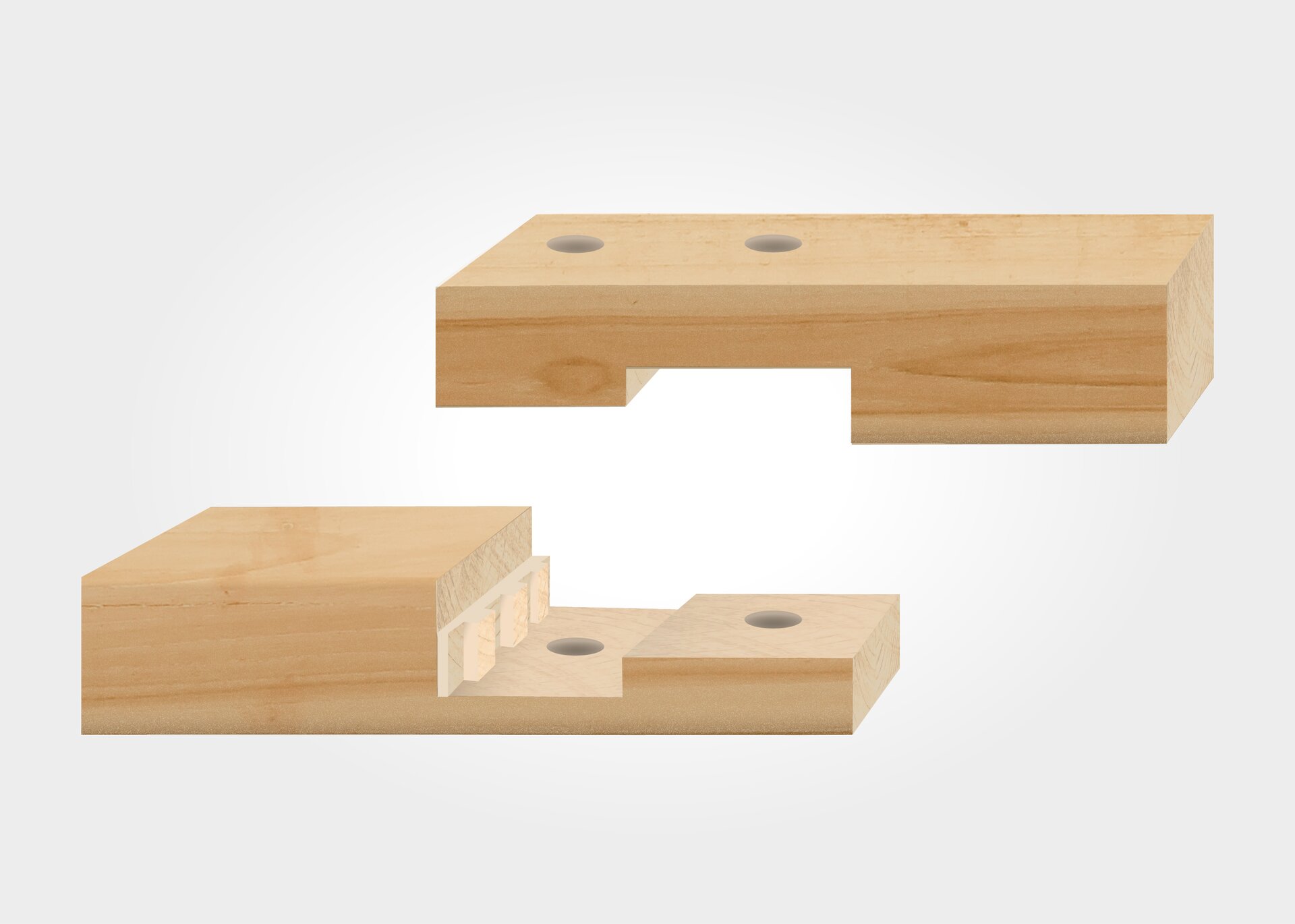 Ilustracja ukazuje złącze wrębowe na zamek prosty z klinami. W obu elementach znajdują się wycięcia o dwóch płaszczyznach. Wycięcia są do siebie dopasowane. Dodatkowym wzmocnieniem są kliny, czyli niewielkie wypusty o wymiarach dobranych do otworów w drugim elemencie.