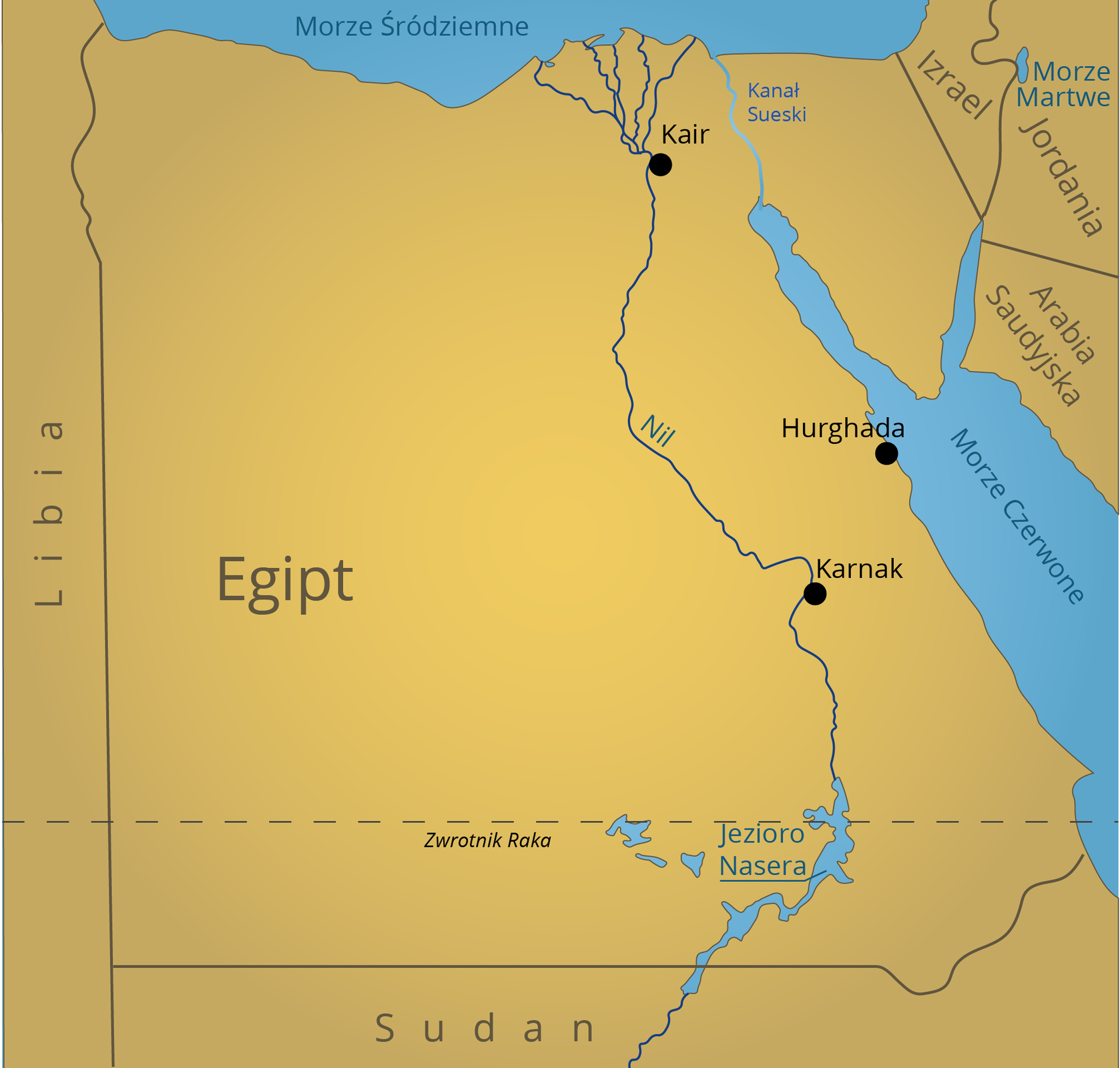 Ilustracja przedstawia mapę Egiptu, na której zaznaczono położenie Jeziora Nasera. Zbiornik wodny jest częścią biegu Nilu. Jego północna część leży na szerokości Zwrotnika Raka, w południowej części Egiptu, przy granicy z Sudanem. Końcówka jeziora znajduje się już po sudańskiej stronie granicy.