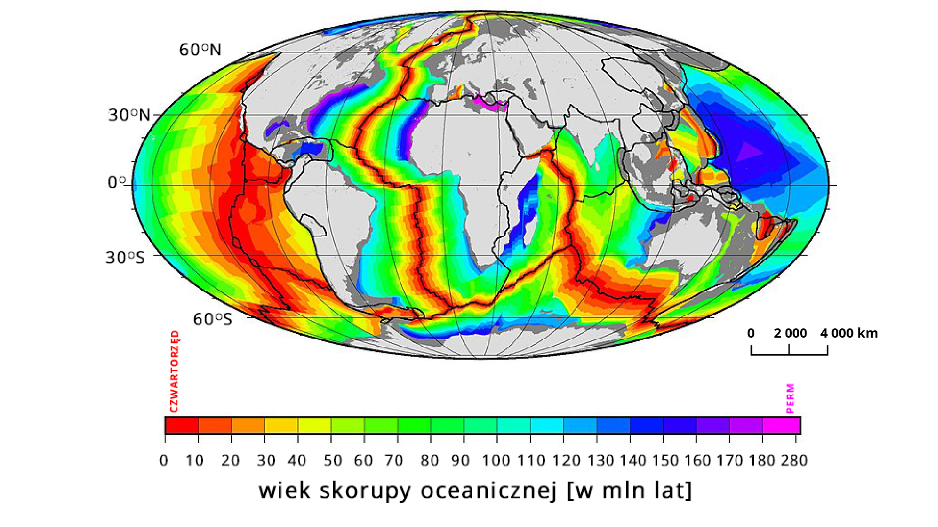 Mapa świata przedstawia wiek skorupy oceanicznej w milionach lat. Najstarsza skorupa ma od 180 do 280 milionów lat i znajduje się przy wschodnim wybrzeżu Ameryki Północnej, zachodnim Afryki i na Morzu Śródziemnym. Od 140 do 160 milionów lat ma skorupa znajdująca się na Pacyfiku od strony Azji, przy wschodnim wybrzeżu Ameryki Północnej, przy zachodnim i wschodnim wybrzeżu Afryki, przy wybrzeżu Antarktydy. Im dalej w głąb oceanów, tym skorupa jest młodsza. Na styku płyt tektonicznych, na środku Oceanu Atlantyckiego, przy zachodnim wybrzeżu Ameryki Północnej, na Oceanie Indyjskim skorupa ma od 10 do 20 milionów lat.