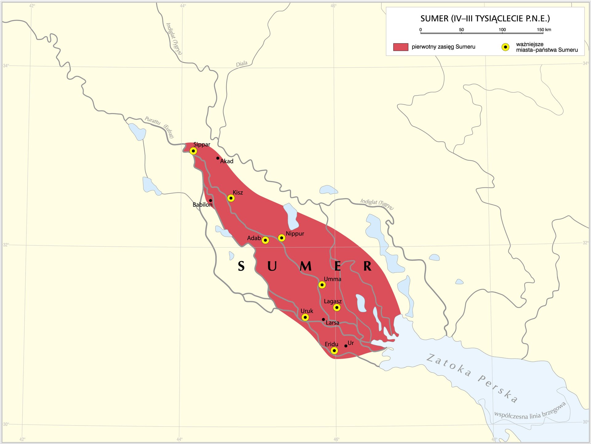 Mapa przedstawiająca zasięg państwa Sumer w dorzeczu rzek Tygrys i Eufrat na Bliskim Wschodzie.