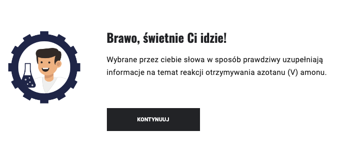 Ilustracja przedstawia treść informacji pozytywnej, wyświetlanej po wprowadzeniu poprawnej odpowiedzi w grze edukacyjnej. 
