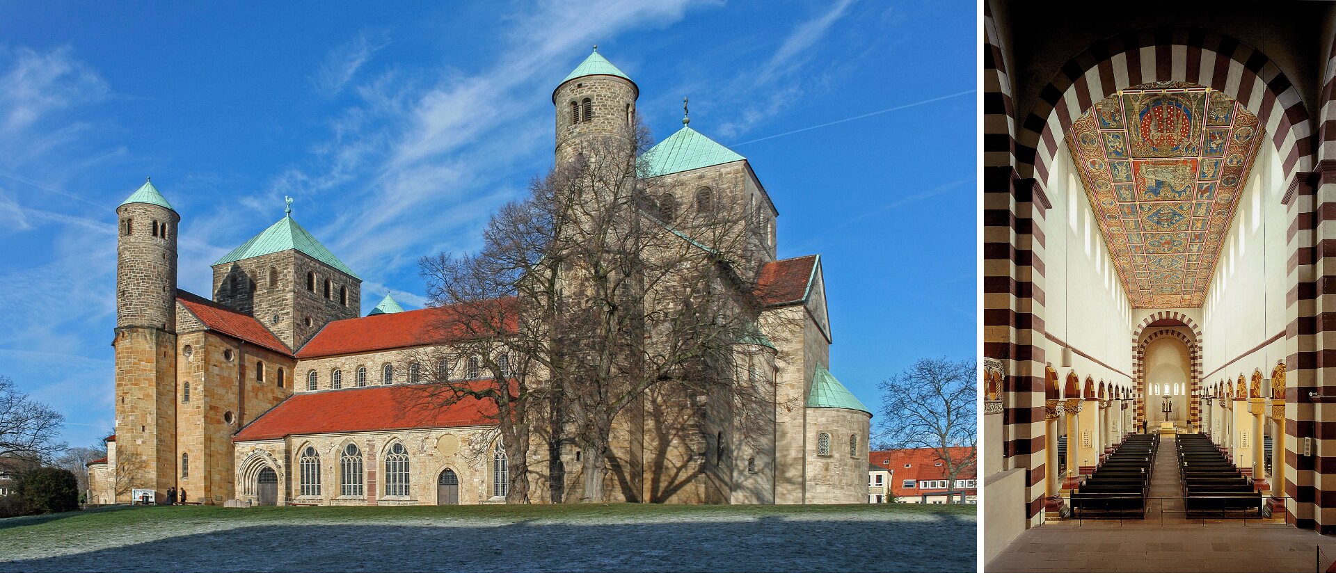 Ilustracja przedstawia widok na bryłę i wnętrze kościoła św. Michała. Ilustracja została podzielona na dwie części. Z lewej strony znajduje się widok na bryłę kościoła, który został zbudowany z trzech rodzajów cegłówki – jasnej, pomarańczowej oraz brązowej. Budynek posiada dwa różne dachy – czerwony (na nawie głównej) oraz zielony (na wieżach i apsydzie). Kościół ma dwie kondygnacje oraz cztery widoczne wieże, dwie wysokie strzeliste, oraz dwie krótsze. Budynek stoi na placu, koło żwirowej ścieżki i uschniętego drzewa. Z prawej strony przedstawiono widok na wnętrze kościoła. Posiada on bogato zdobiony sufit, na którym obecne są malowidła z wizerunkiem świętych.
