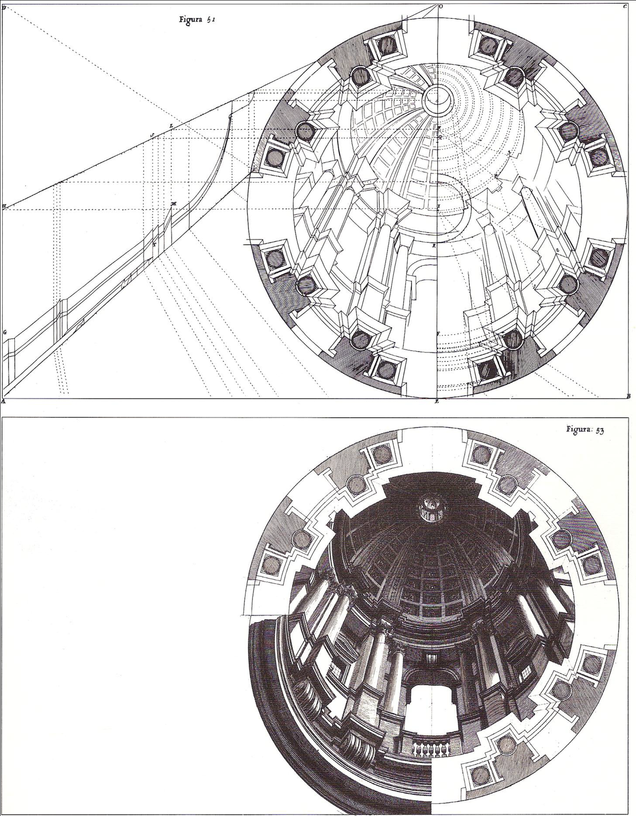 Ilustracja przedstawia czarno-biały schemat do kopuły w San Ignazio. Rysunek ten składa się z dwóch rzutów, jeden pod drugim.