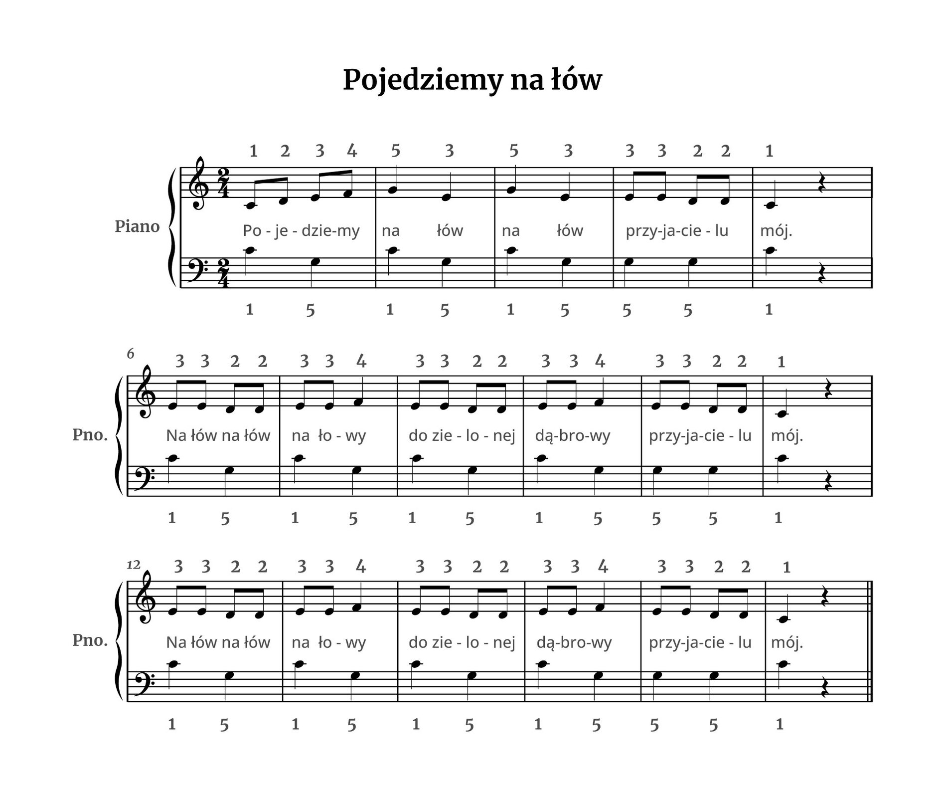 Grafika przedstawia partyturę utworu „Pojedziemy na łów” z akompaniamentem w metrum dwie czwarte w kluczu wiolinowym oraz basowym. Wszystkie dźwięki znajdują się w obrębie oktawy razkreślnej oraz małej. Jest też zapisane palcowanie. Pierwszy takt w kluczu wiolinowym zawiera same ósemki: najpierw grane kciukiem c, następnie wykonywane palcem wskazującym d, e grane za pomocą palca środkowego oraz f palcem serdecznym. W kluczu basowym na pierwszą miarę grana jest kciukiem ćwierćnuta c, a następnie ćwierćnuta g małym palcem na drugą miarę. W drugim takcie w kluczu wiolinowym na pierwszą miarę grana jest małym palcem ćwierćnuta g, a następnie na drugą miarę ćwierćnuta e za pomocą środkowego palca. W kluczu basowym na pierwszą miarę grana jest kciukiem ćwierćnuta c, a następnie ćwierćnuta g małym palcem na drugą miarę. W trzecim takcie w kluczu wiolinowym na pierwszą miarę grana jest małym palcem ćwierćnuta g, a następnie na drugą miarę ćwierćnuta e za pomocą środkowego palca. W kluczu basowym na pierwszą miarę grana jest kciukiem ćwierćnuta c, a następnie ćwierćnuta g małym palcem na drugą miarę. W takcie czwartym w kluczu wiolinowym wykonywane są najpierw dwie ósemki e za pomocą palca środkowego, a następnie dwie ósemki d za pomocą palca wskazującego. W kluczu basowym grane są dwie ćwierćnuty g za pomocą małego palca na pierwszą i drugą miarę. W takcie piątym w obu kluczach grana jest za pomocą kciuka ćwierćnuta c. W takcie szóstym w kluczu wiolinowym wykonywane są najpierw dwie ósemki e za pomocą palca środkowego, a następnie dwie ósemki d za pomocą palca wskazującego. W kluczu basowym na pierwszą miarę grana jest kciukiem ćwierćnuta c, a następnie ćwierćnuta g małym palcem na drugą miarę. W siódmym takcie w kluczu wiolinowym na pierwsza miarę grane są za pomocą palca środkowego dwie ósemki e, a następnie ćwierćnuta f na drugą miarę przez palec serdeczny. W kluczu basowym na pierwszą miarę grana jest kciukiem ćwierćnuta c, a następnie ćwierćnuta g małym palcem na drugą miarę. W takcie ósmym w kluczu wiolinowym wykonywane są najpierw dwie ósemki e za pomocą palca środkowego, a następnie dwie ósemki d za pomocą palca wskazującego. W kluczu basowym na pierwszą miarę grana jest  kciukiem ćwierćnuta c, a następnie ćwierćnuta g małym palcem na drugą miarę. W dziewiątym takcie w kluczu wiolinowym na pierwsza miarę grane są za pomocą palca środkowego dwie ósemki e, a następnie ćwierćnuta f na drugą miarę przez palec serdeczny. W kluczu basowym na pierwszą miarę grana jest kciukiem ćwierćnuta c, a następnie ćwierćnuta g małym palcem na drugą miarę. W takcie dziesiątym w kluczu wiolinowym wykonywane są najpierw dwie ósemki e za pomocą palca środkowego, a następnie dwie ósemki d za pomocą palca wskazującego. W kluczu basowym grane są dwie ćwierćnuty g za pomocą małego palca na pierwszą i drugą miarę. W takcie jedenastym w obu kluczach grana jest za pomocą kciuka ćwierćnuta c. Kolejna linijka stanowi powtórzenie linijki poprzedniej. W takcie dwunastym w kluczu wiolinowym wykonywane są najpierw dwie ósemki e za pomocą palca środkowego, a następnie dwie ósemki d za pomocą palca wskazującego. W kluczu basowym na pierwszą miarę grana jest kciukiem ćwierćnuta c, a następnie ćwierćnuta g małym palcem na drugą miarę. W trzynastym takcie w kluczu wiolinowym na pierwsza miarę grane są za pomocą palca środkowego dwie ósemki e, a następnie ćwierćnuta f na drugą miarę przez palec serdeczny. W kluczu basowym na pierwszą miarę grana jest kciukiem ćwierćnuta c, a następnie ćwierćnuta g małym palcem na drugą miarę. W takcie czternastym w kluczu wiolinowym wykonywane są najpierw dwie ósemki e za pomocą palca środkowego, a następnie dwie ósemki d za pomocą palca wskazującego. W kluczu basowym na pierwszą miarę grana jest kciukiem ćwierćnuta c, a następnie ćwierćnuta g małym palcem na drugą miarę. W piętnastym takcie w kluczu wiolinowym na pierwsza miarę grane są za pomocą palca środkowego dwie ósemki e, a następnie ćwierćnuta f na drugą miarę przez palec serdeczny. W kluczu basowym na pierwszą miarę grana jest kciukiem ćwierćnuta c, a następnie ćwierćnuta g małym palcem na drugą miarę. W takcie szesnastym w kluczu wiolinowym wykonywane są najpierw dwie ósemki e za pomocą palca środkowego, a następnie dwie ósemki d za pomocą palca wskazującego. W kluczu basowym grane są dwie ćwierćnuty g za pomocą małego palca na pierwszą i drugą miarę. W siedemnastym, ostatnim takcie w obu kluczach grana jest za pomocą kciuka ćwierćnuta c. Pod partyturą znajduje się nagranie audio. Utwór „Pojedziemy na łów” z akompaniamentem lewej ręki trwa 29 sekund. Ma on wesoły, dość dynamiczny charakter.