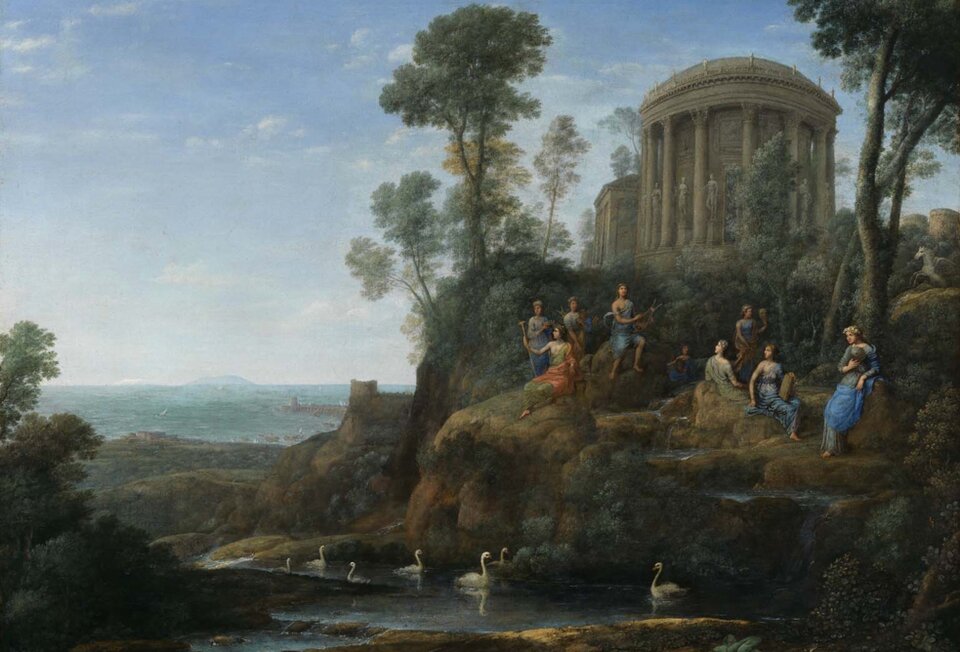 Obraz przedstawia Apolla i dziewięć muz. Wszyscy siedzą na skalistym brzegu morza. Na szczycie niewielkiej góry stoi kamienna budowla w kształcie walca, otoczona rzeźbami i kolumnami. Dookoła rosną drzwa i krzewy. Muzy noszą długie, niebiesko‑szare, zwiewne szaty, są bose. Trzymają swoje atrybuty. Niektóre kobiety siedzą, a inne stoją. Muzom towarzyszy Apollo, który siedzi na głazie, wpatrzony w morze, w ręku trzyma laskę. Jest ubrany w zieloną szatę i czerwoną pelerynę. Prawą rękę i pierś ma odsłonięte. Na głowie widnieje wieniec laurowy. Ma bose stopy. Poniżej, w niewielkiej zatoczce pływają łabędzie. W tle widać kamienistą plażę i falujące morze z kamiennym molo. 