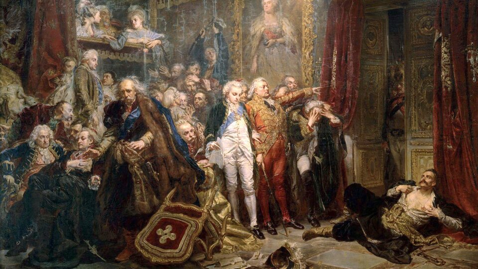 Obraz przedstawia grupę posłów i senatorów przed uchylonymi drzwiami do sali zamkowej, w której za chwilę senatorowie podpiszą rozbiór Polski. Centralną postacią obrazu jest poseł ziemi nowogródzkiej Tadeusz Rejtan, który w geście rozpaczy próbuje zapobiec haniebnemu wydarzeniu. Został namalowany w prawym dolnym rogu obrazu na tle półotwartych drzwi. Mężczyzna leży na podłodze i w geście rozpaczy rozdziera na piersiach białą koszulę. Obok niego leży szabla. Swoim ciałem blokuje drzwi. Na pierwszym planie widać przewrócony fotel i rozsypane dokumenty, za nim stoją i siedzą posłowie i senatorowie. Jedni są zamyśleni, inni przerażeni, a jeszcze inni znudzeni. Przed Rejtanem stoi otyły mężczyzna w czerwono-złotym stroju, władczym gestem lewej ręki wskazuje na drzwi, za którymi stoją rosyjscy żołnierze. Po lewej stronie, na balkonie, siedzą damy w bogatych strojach przyglądające się zajściu. Na ścianie, obok drzwi wisi ogromnych rozmiarów obraz carycy rosyjskiej Katarzyny. 