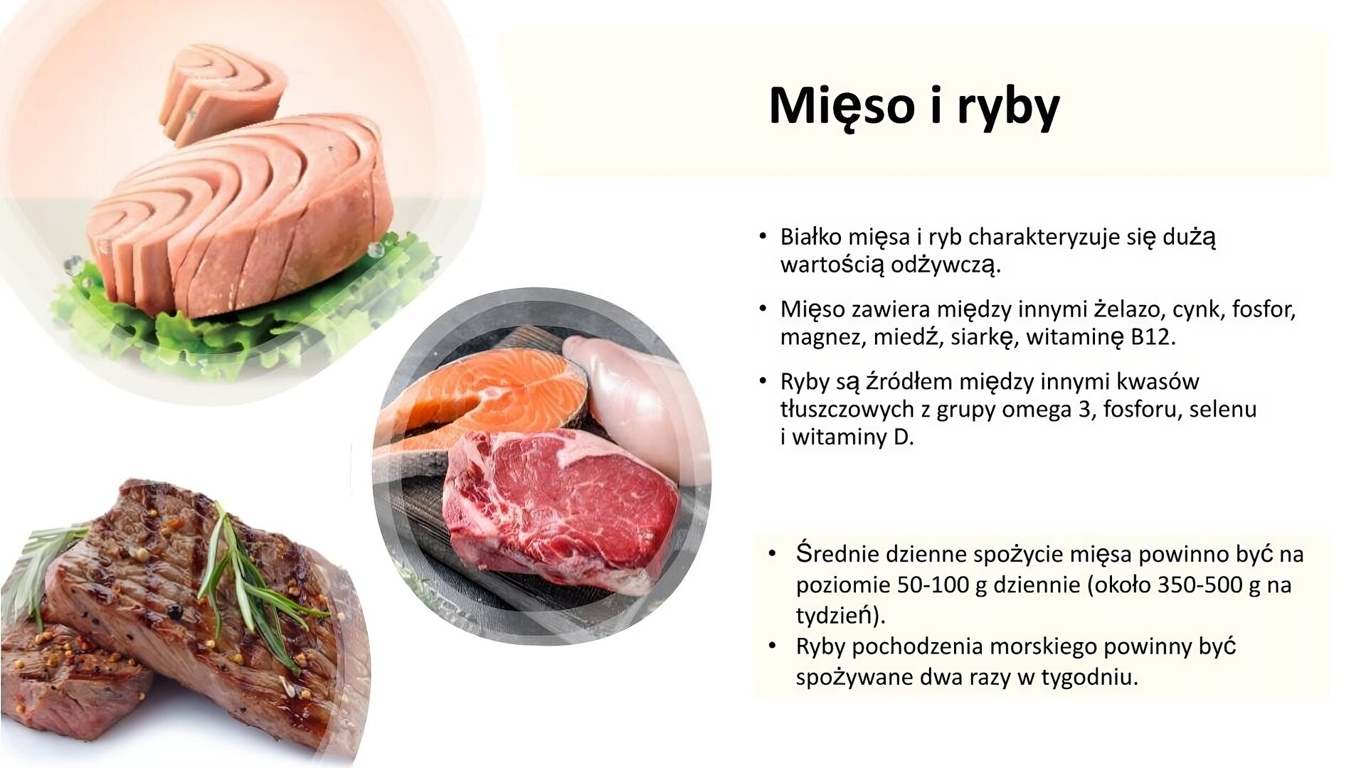Biały slajd. Z lewej strony trzy kółka, w których są zdjęcia. Przedstawiają one: tuńczyka w oleju, świeże ryby i mięso, wysmażonego steka. Z prawej strony slajdu tekst: „Mięso i ryby. Białko mięsa i ryb charakteryzuje się dużą wartością odżywczą. Mięso zawiera między innymi żelazo, cynk, fosfor, magnez, miedź, siarkę, witaminę B12. Ryby są źródeł między innymi kwasów tłuszczowych z grupy omega 3, fosforu, selenu i witaminy D. Średnie dzienne spożycie mięsa powinno być na poziomie 50‑100 g dziennie (około 350‑500 g na tydzień). Ryby pochodzenia morskiego powinny być spożywane dwa razy w tygodniu”.