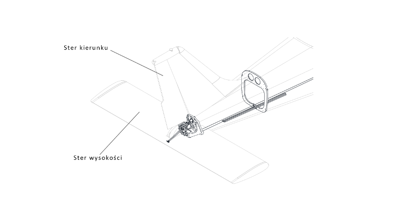 Schemat pokazuje ogon samolotu z zaznaczonymi sterami wysokości oraz kierunku. Ster Wysokości jest poziomy, ster kierunku pionowy.