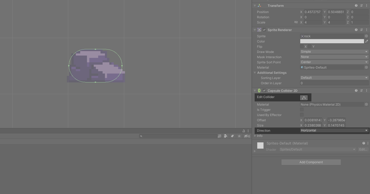 Ilustracja przedstawia obszar gry. Po prawej stronie podświetlono Edit Collider oraz Direction Horizontal. W polu edycji są dwa filetowe elementy przypominające stosy.  Są otoczone zielonym owalem.  