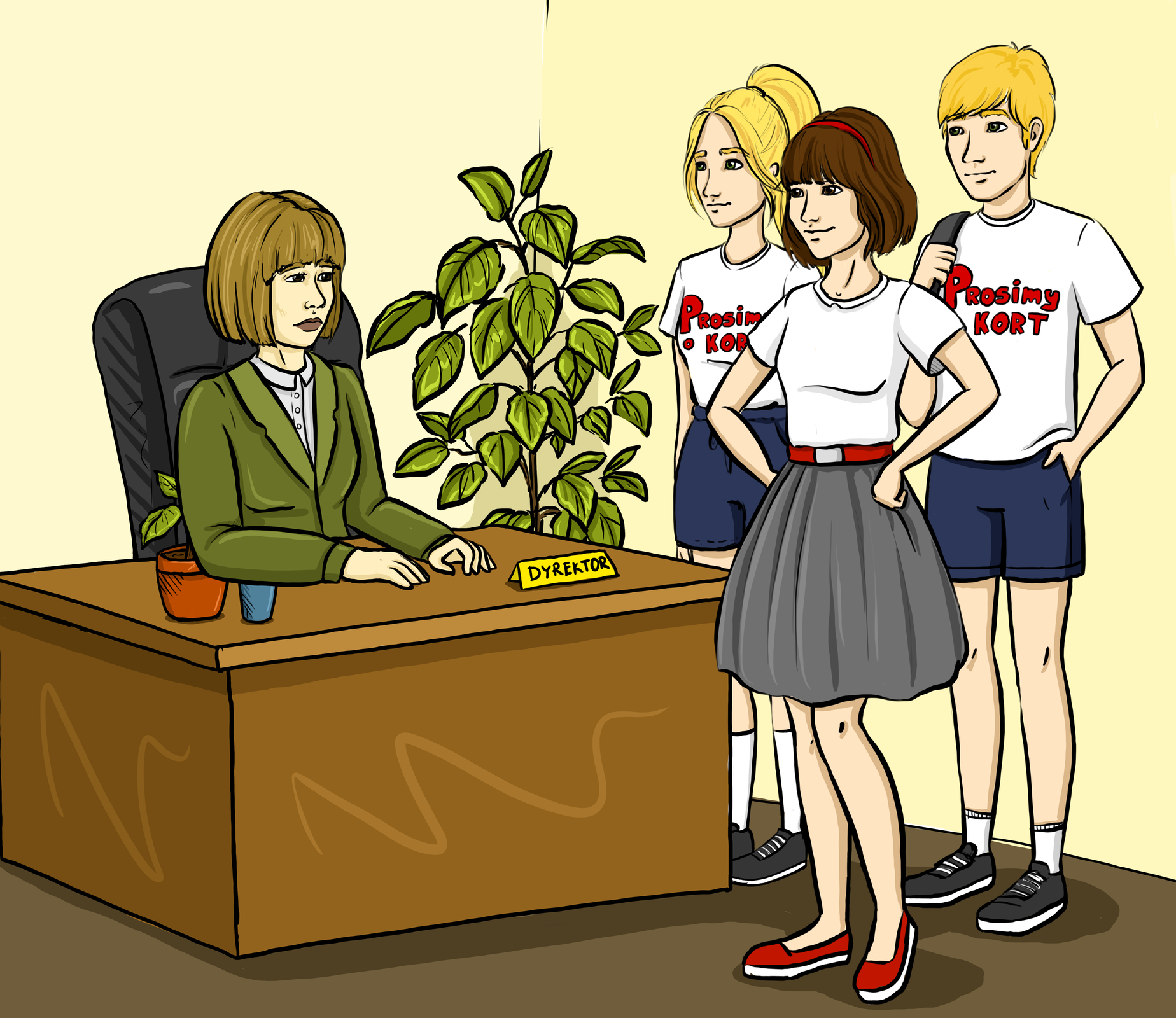 Ilustracja przedstawia kobietę siedzącą za biurkiem, jej stanowisko jest podpisane dyrektor. Przed biurkiem stoją trzy młode osoby. Na koszulkach mają napisy. Prosimy Kort.