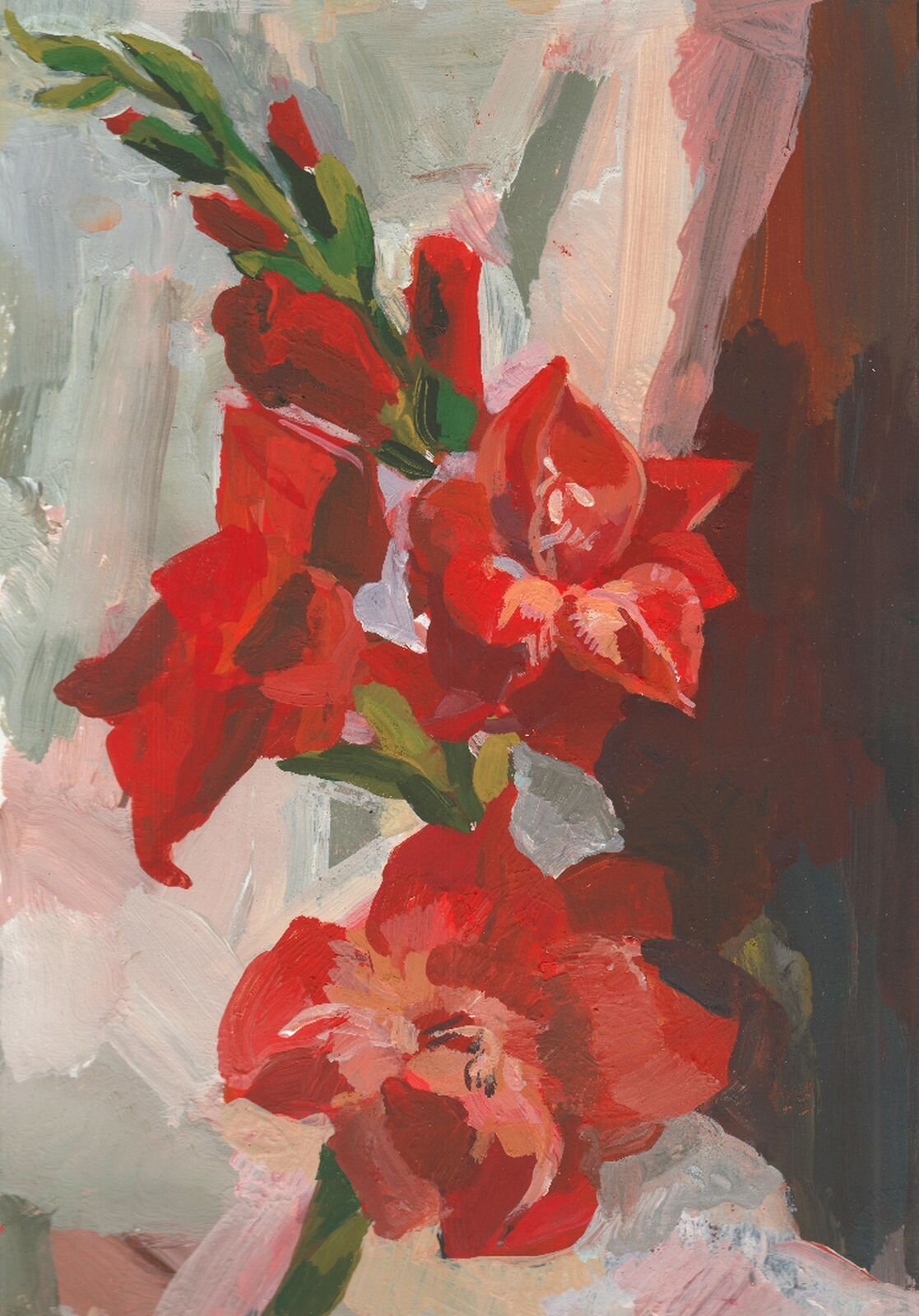 Obraz przedstawia gałązkę czerwonych kwiatów, mieczyków, na tle białej zasłony i fragmentu brązowej ściany. Malowane są śmiałymi pociągnięciami pędzla, wyraźnie odcinają się od tła obrazu, które podzielone jest na dwie części białą i brązową.  Na dole gałązki znajdują się trzy najbardziej rozwinięte kwiaty, im bliżej czubka, kwiaty są w kształcie pąków. 