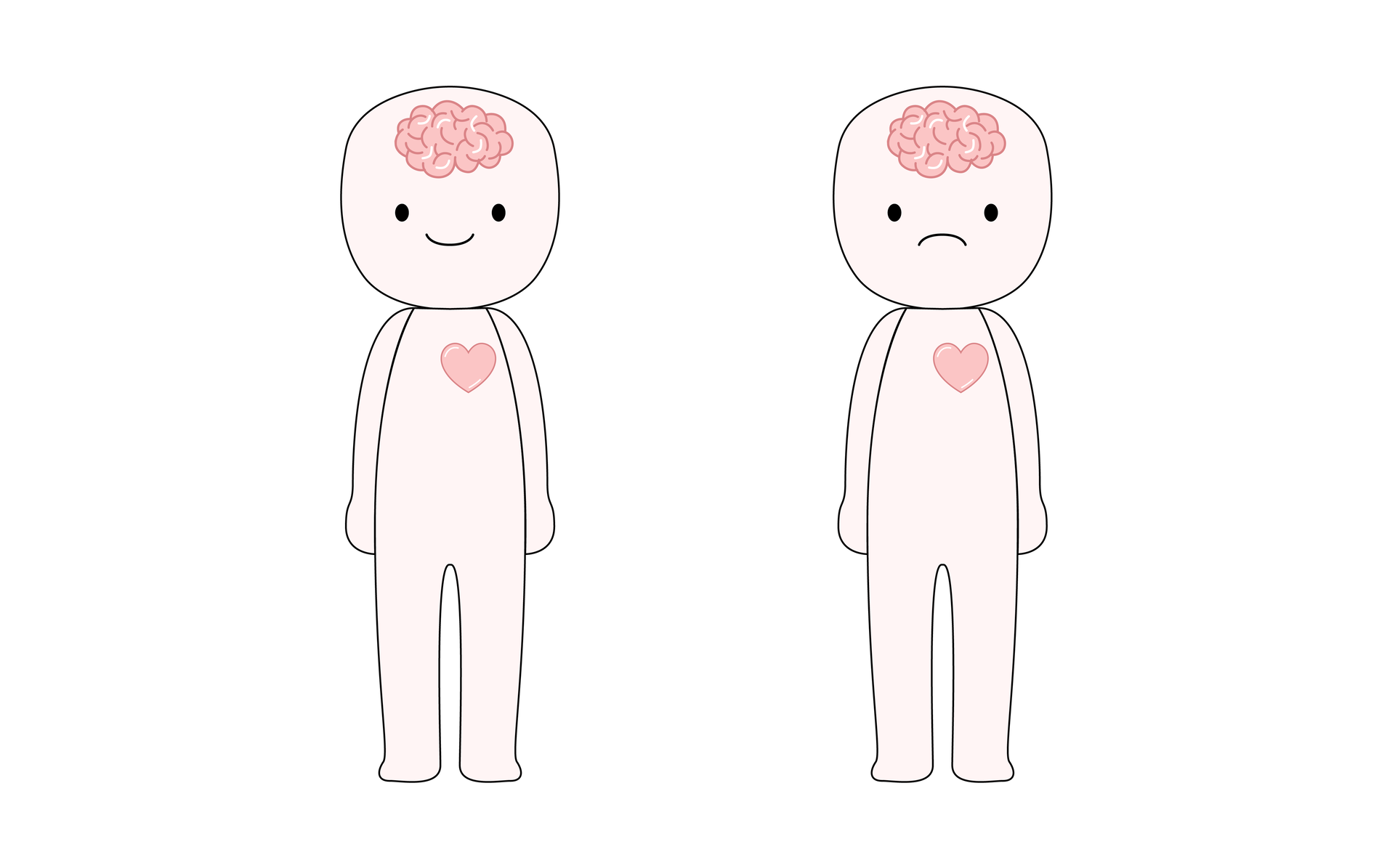 Ilustracja przedstawia dwie postacie ludzkie: jedną z uśmiechem na twarzy, a drugą z wyrazem smutku. Na obu postaciach wyróżnia się serce i mózg, które są zaznaczone kontrastowymi kolorami. To wyraźnie zaznacza różnice w emocjach i myślach między tymi dwiema postaciami