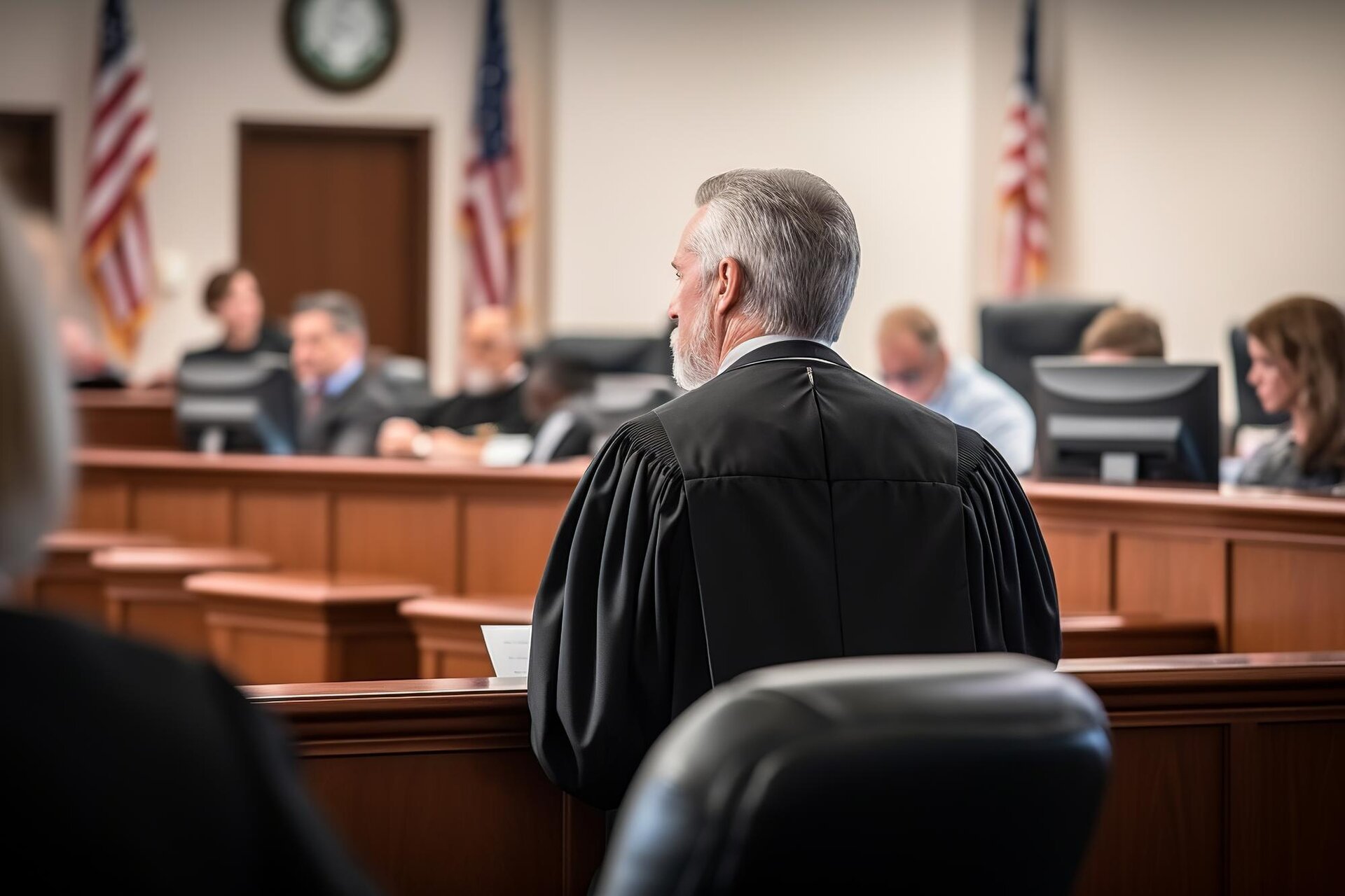 Zdjęcie przedstawia salę rozpraw. Na pierwszym planie widoczny jest siedzący na skórzanym fotelu starszy mężczyzna, w ujęciu od tyłu, który jest twarzą zwrócony w kierunku sali rozpraw. Mężczyzna jest ubrany w togę adwokacką. W tle jest widoczny długi, drewniany kontuar, za którym siedzą różne osoby. Przed nimi widoczne są monitory komputerów. Za nimi na ścianie i przy wejściu widoczne są trzy flagi amerykańskie.