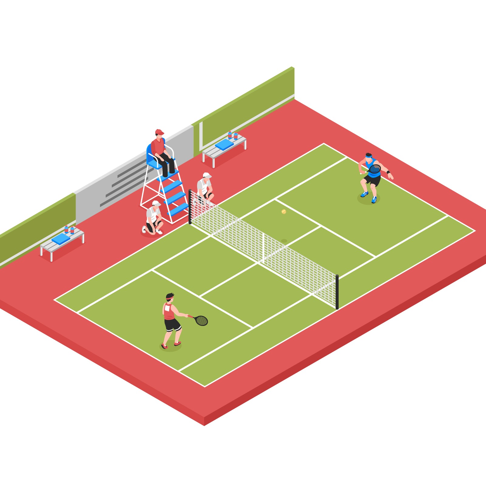 Ilustracja przedstawia boisko do gry w tenisa. Na korcie gra dwóch mężczyzn, jeden w niebieskim stroju, a drugi w czerwonym stroju. Obaj trzymają rakiety tenisowe. Przy linii siatki, na podwyższeniu, siedzi sędzia w czerwonej koszulce i czerwonej czapce. Po obu stronach sędziego klęczy dwóch ludzi w białych koszulkach i białych czapkach, obserwujących linię siatki. Na obrzeżach boiska, widoczne są ławki zawodników, z ręcznikiem i napojami.