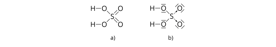 Na ilustracji ukazano wzór strukturalny oraz jeden ze sposobów rozmieszczenia elektronów cząsteczki kwasu siarkowego(sześć). Wzór strukturalny zbudowany jest z atomu siarki S, od którego odchodzą dwa wiązania podwójne w prawo na ukos w górę i na ukos w dół do atomów tlenu O. Od tego samego atomu siarki odchodzą jeszcze dwa wiązania pojedyncze w lewo na ukos w górę i na ukos w dół do atomów tlenu O. Od każdego z tych atomów tlenu odchodzi po jednym wiązaniu pojedynczym w lewo do atomu wodoru H. Pod spodem znajduje się napis: a). Wzór elektronowy wygląda podobnie, ale przy atomach tlenu z lewej strony atomu siarki, u góry i u dołu znajdują się dwie poziome kreski. Wiązania podwójne z prawej strony atomu siarki zastąpione zostały strzałkami skierowanymi w stronę atomów tlenu, a przy każdym z nich, z trzech stron znajdują się trzy kreski. Pod spodem znajduje się napis: b).