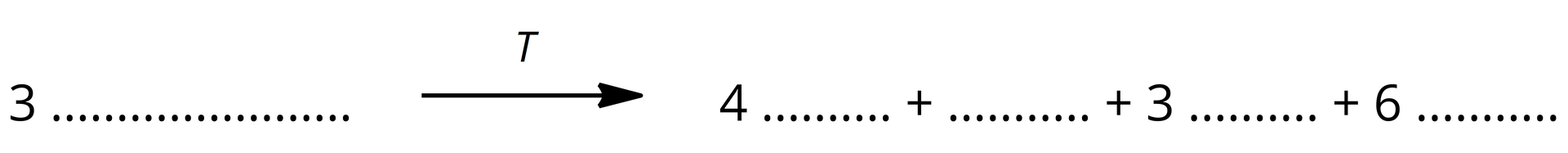 Ilustracja przedstawiająca nieuzupełniony schemat równania rozkładu termicznego siarczanu(<math aria‑label="sześć">VI) amonu, w którym podano współczynniki stechiometryczne. Po lewej stronie równania trzy cząsteczki substratu. Strzałka w prawo, nad strzałką temperatura, za strzałką po prawej stronie równania cztery cząsteczki pierwszego produktu, dodać cząsteczka drugiego produktu, dodać trzy cząsteczki trzeciego produktu, dodać sześć cząsteczek czwartego produktu. Schemat należy uzupełnić o odpowiednie wzory sumaryczne produktów oraz substratu.