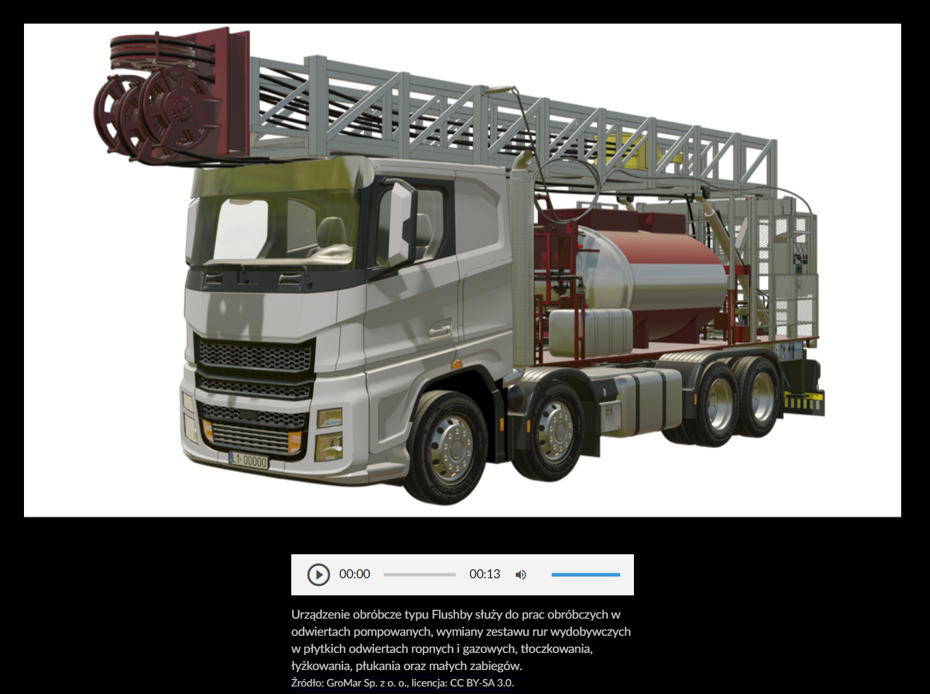 Zdjęcie przedstawia przykładową grafikę z galerii zdjęć z rozwiniętym opisem. U dołu zdjęcia widoczny jest biały pasek, na którym po lewej stronie znajduje się ikona trójkąta skierowanego wierzchołkiem w prawo, czyli ikona włączenia odtwarzania filmu.  Po środku umiejscowiono pasek postępu nagrania oraz jego czas, a po prawej stronie symbol głośnika i niebieski pasek, za pomoca którego można regulować głośność. Pod zdjęciem i białym paskiem wyświetlony jest opis tego zdjęcia.