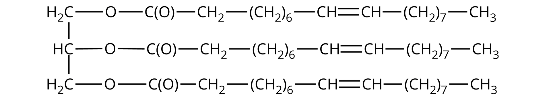 Na ilustracji jest wzór: składa się z trzech równoległych łańcuchów - pierwszy i trzeci szereg rozpoczyna się od grupy metylenowej, drugi od grupy CH. Każda z grup łączy się z grupą COO, która łączy się z grupą metylenową, następnie z grupą metylenową sześć razy wziętą. Kolejno jest grupa CH połączona wiązaniem podwójnym z grupą CH, grupa metylenowa siedem razy wzięta, która na końcu łańcucha łączy się grupą metylową.  