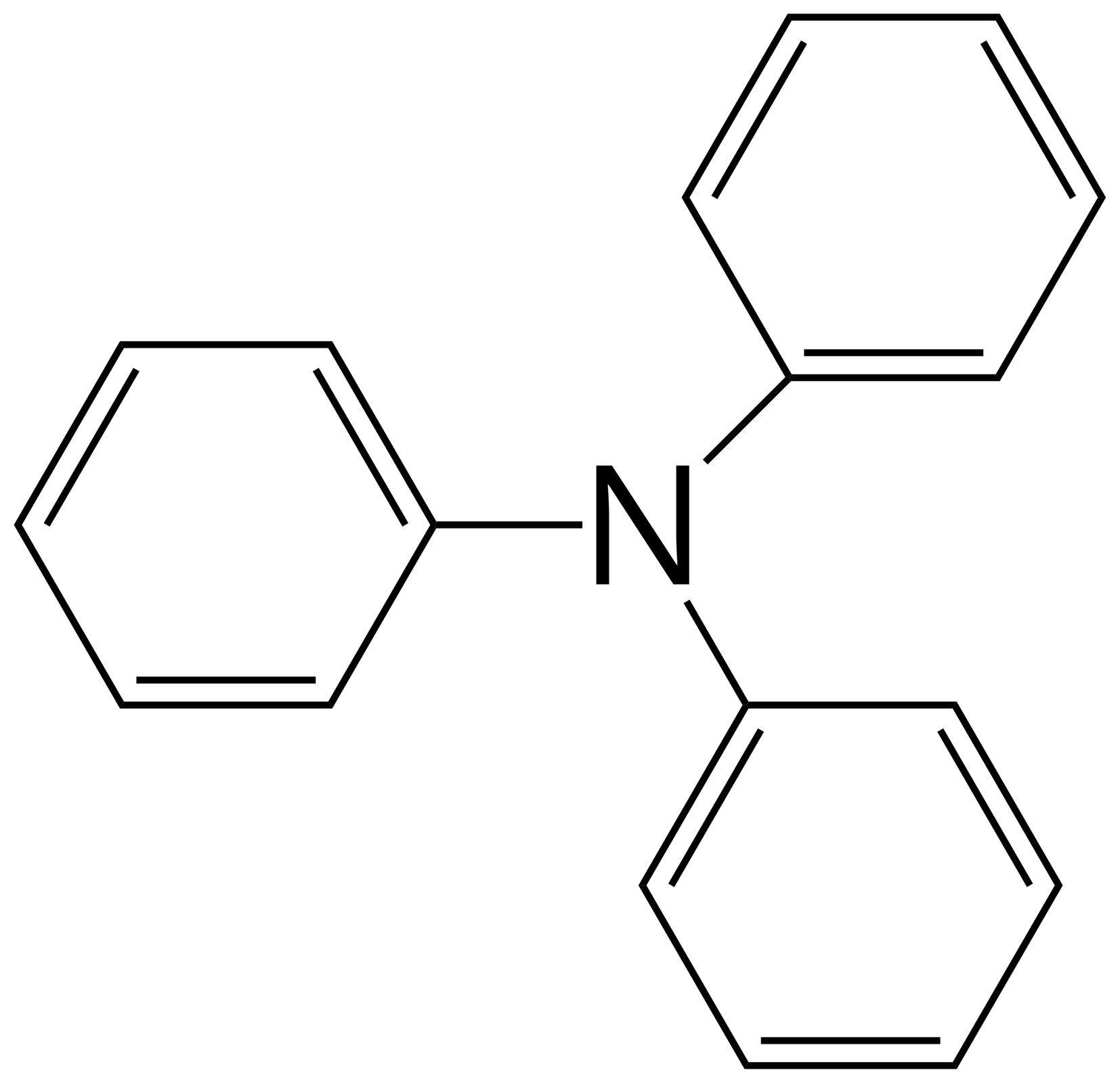 Ilustracja przedstawia wzór półstrukturalny N,N-difenyloaniliny: do atomu azotu przyłączone są trzy pierścienie fenylowe.