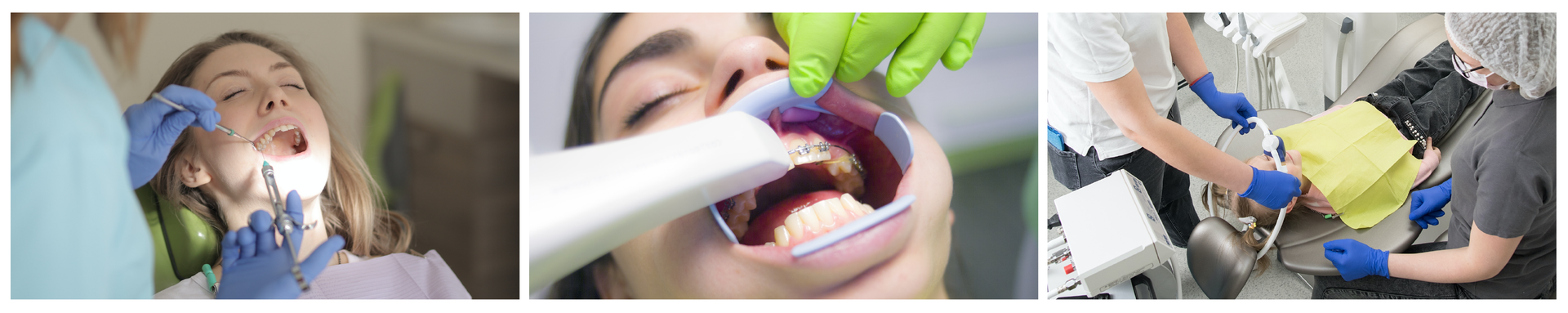 Ilustracja składa się z trzech zdjęć. Zdjęcie z lewej przedstawia kobietę na fotelu dentystycznym i dentystę robiącego zastrzyk pacjentce. Zdjęcie środkowe przedstawia zbliżenie na rozwarte usta osoby i ukazuje zęby w trakcie leczenia. Zdjęcie po prawej przedstawia dentystę, który zakłada maseczkę uspokajającą osobie leżącej na fotelu.