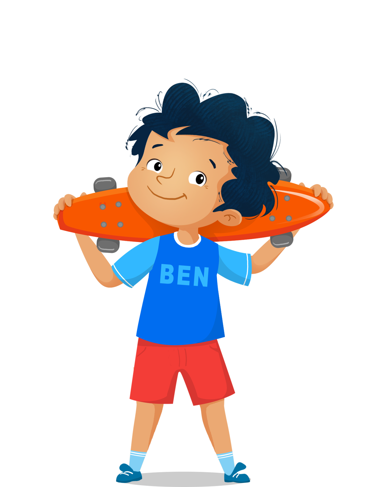 Ilustracja przedstawia ciemnowłosego chłopca w niebieskiej koszulce. Trzyma deskorolką. To Ben.